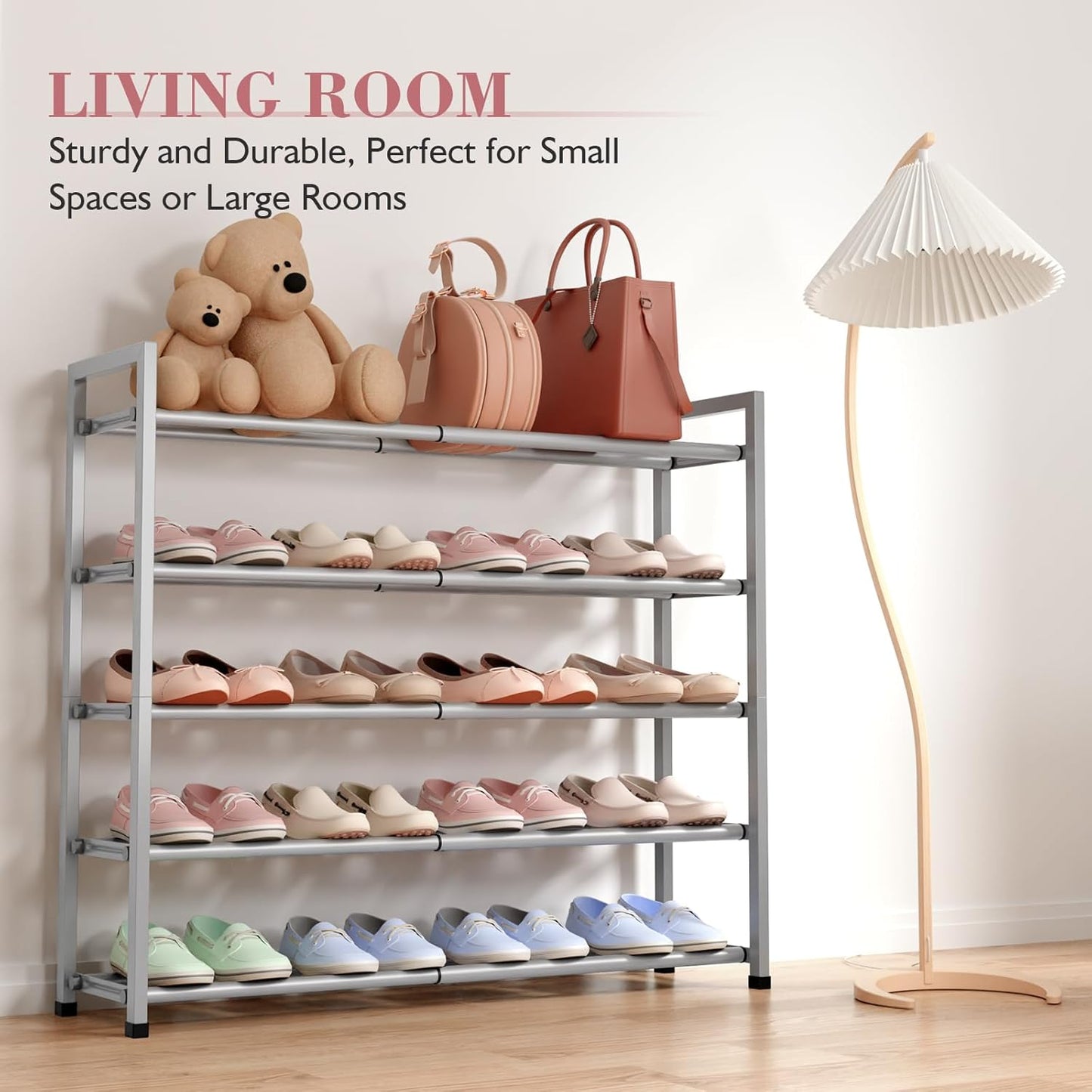 Bumusty 5-Tier Expandable Shoe Rack for Closet, 18“-33” Adjustable Shoe Rack for Small Space, Small Shoe Organizer for Front Door, Sturdy Metal, Light Grey