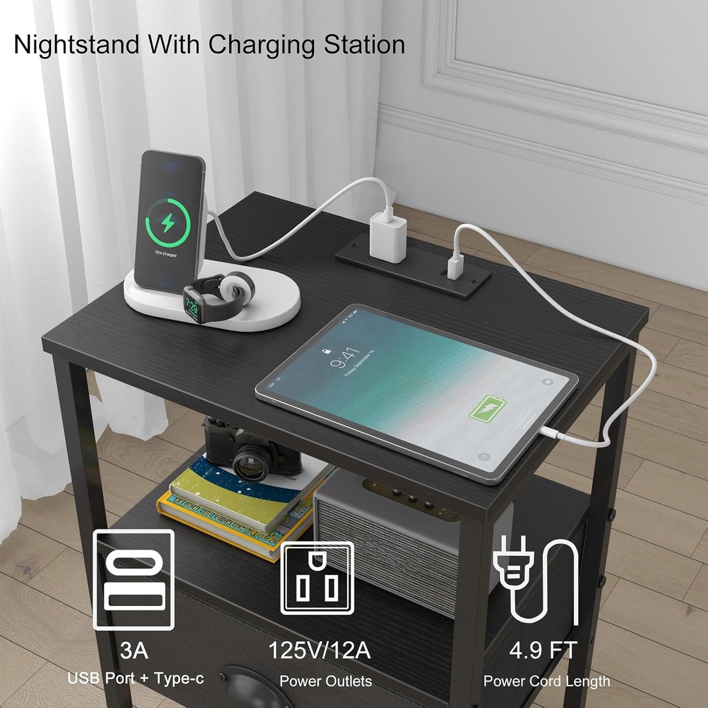 Nightstands Set of 2, Black Night Stands with Charging Station, Bedside Tables with Fabric Drawers PU Finish, 2-Tier Side Table with Open Shelf, Nightstands with Drawer,Black