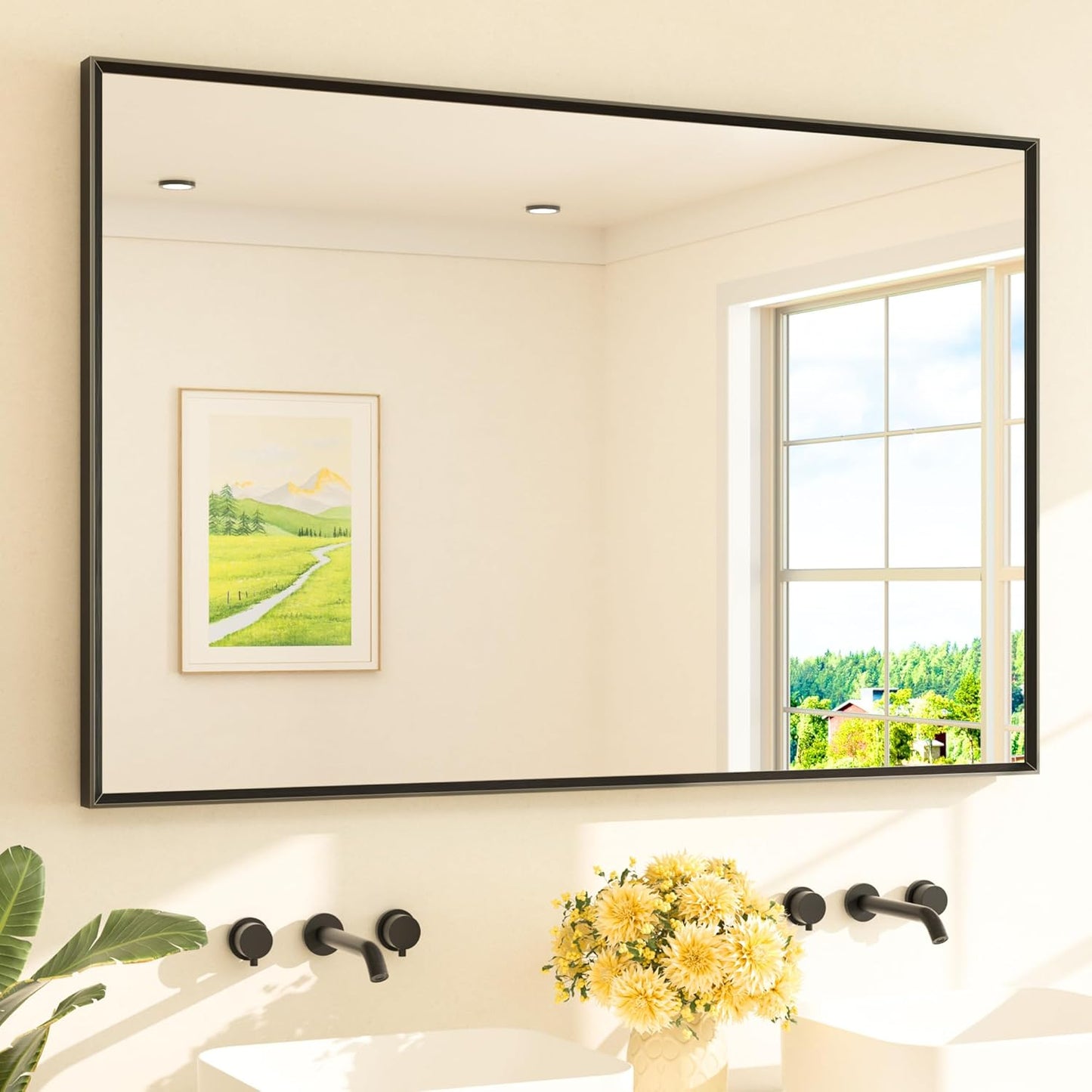 TETOTE Black Bathroom Mirror for Over Sink 55" x 36" Large Matte Black Beveled Metal Framed Rectangular Vanity Mirror for Bathroom, Bedroom, Entryway, Living Room, Tempered Glass, Shatterproof