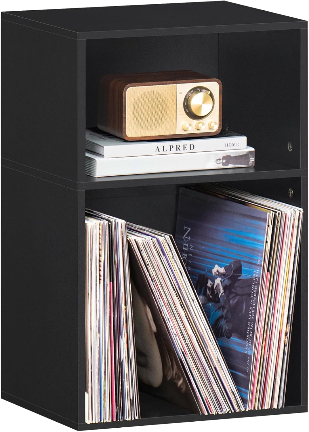 YAHARBO 2 Cube Bookshelf, Black Record Player Stand with Vinyl Storage Up to 100 Albums, Horizontal Book Shelf, Small Cubby Bookcase with Storage Organizer, Turntable Stand for Living Room, Bedroom