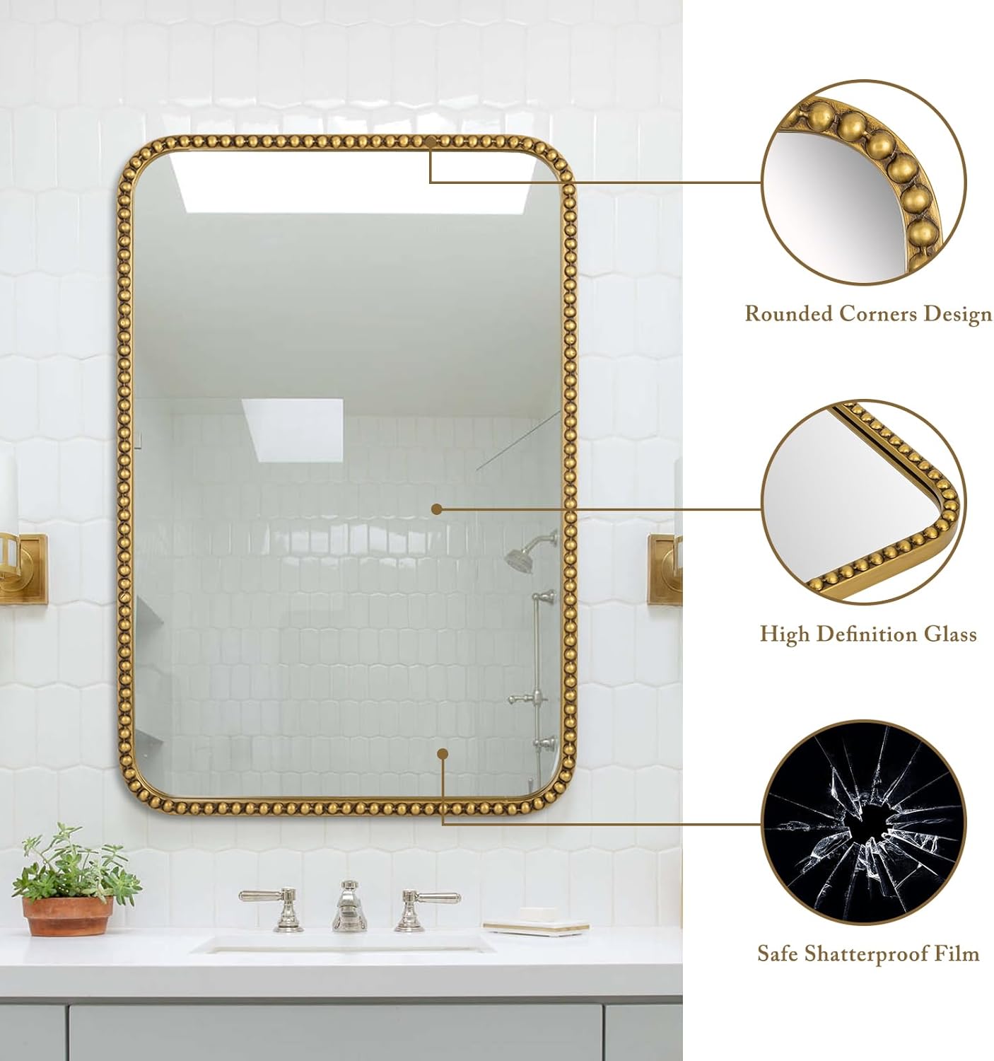 Wall Mirror for Bathroom - 24"x36" Rectangle Rounded Corner Beaded Frame Mirror, Large Vanity Mirror Hangs Horizontal or Vertical, Antique Gold