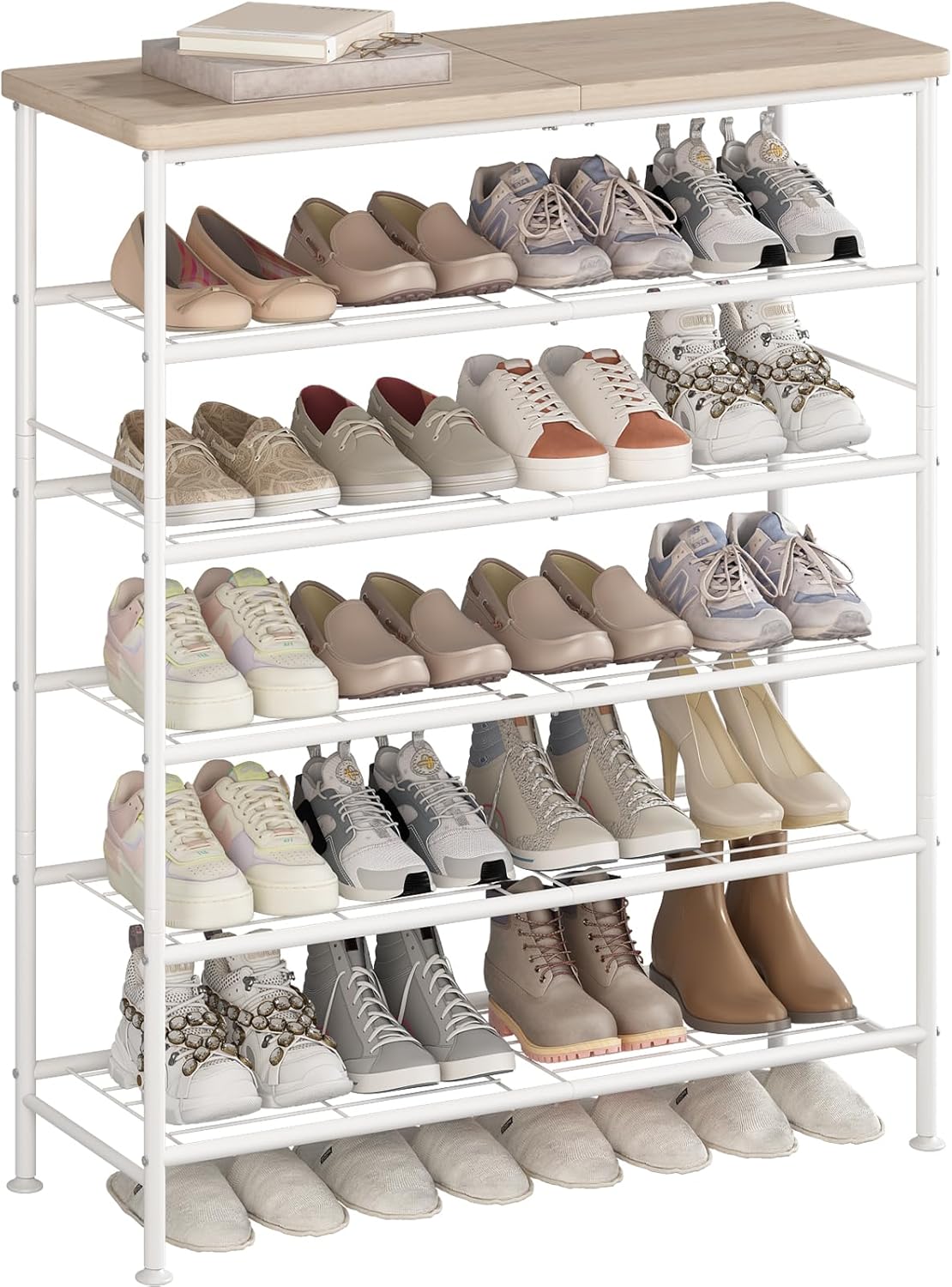 Shoe Rack Organizer 6 Tier for Closet Entryway Free Standing Metal Storage Shoe Shelf with MDF Top Board，White+Oak