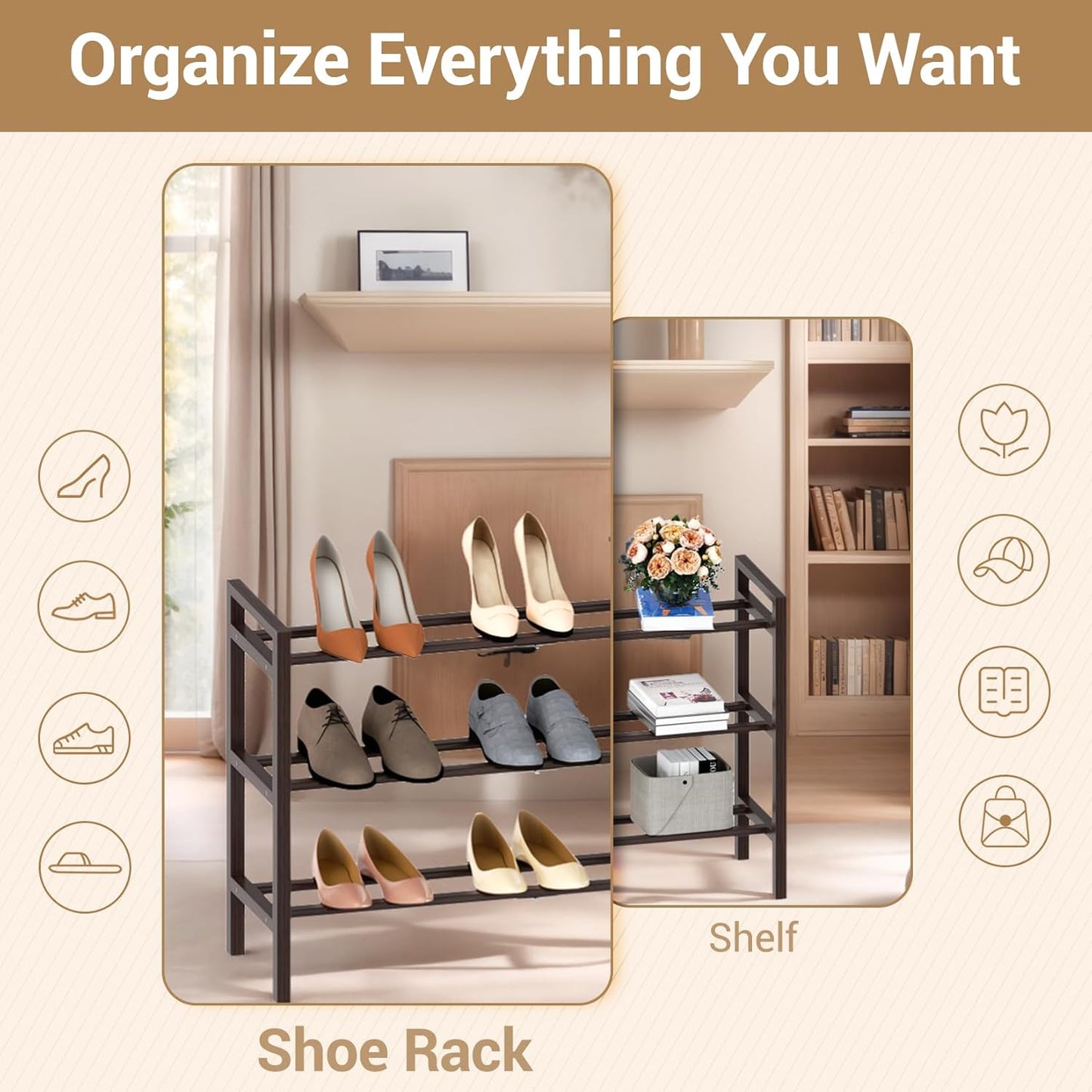 Haddockway Bamboo Shoe Rack for Closet, Free Standing Shoe Organizer with Smooth Round Rods & Convenient Handles, Stackable Shoe Storage Shelf for Entryway, Hallway(Brown, 3-Tier)