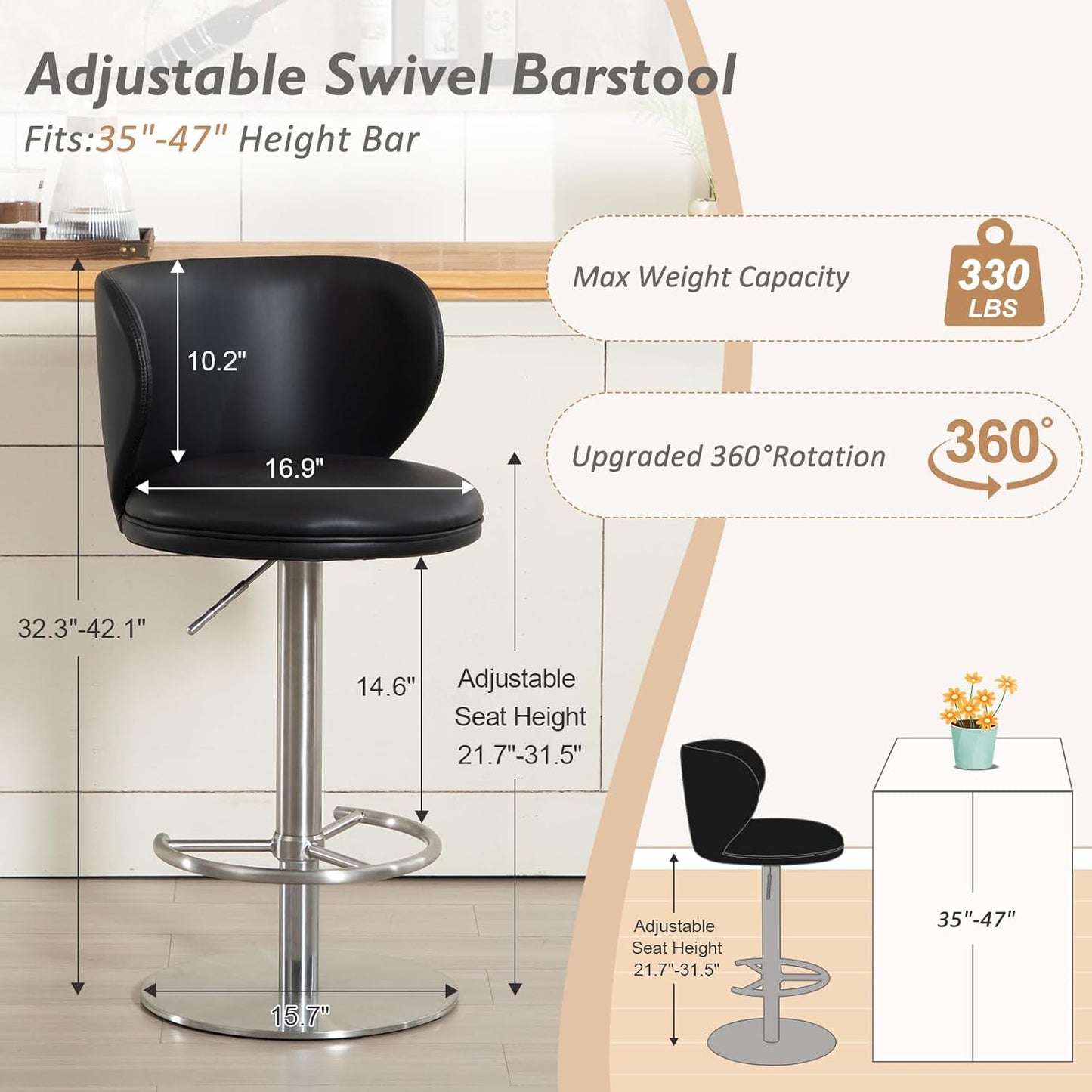 Bar Stools Adjustable Stainless Steel Swivel Barstool with Back and Footrest Leather Upholstered Bar Chairs for Home,Kitchen,Bar, Counter (Black, 1pc)