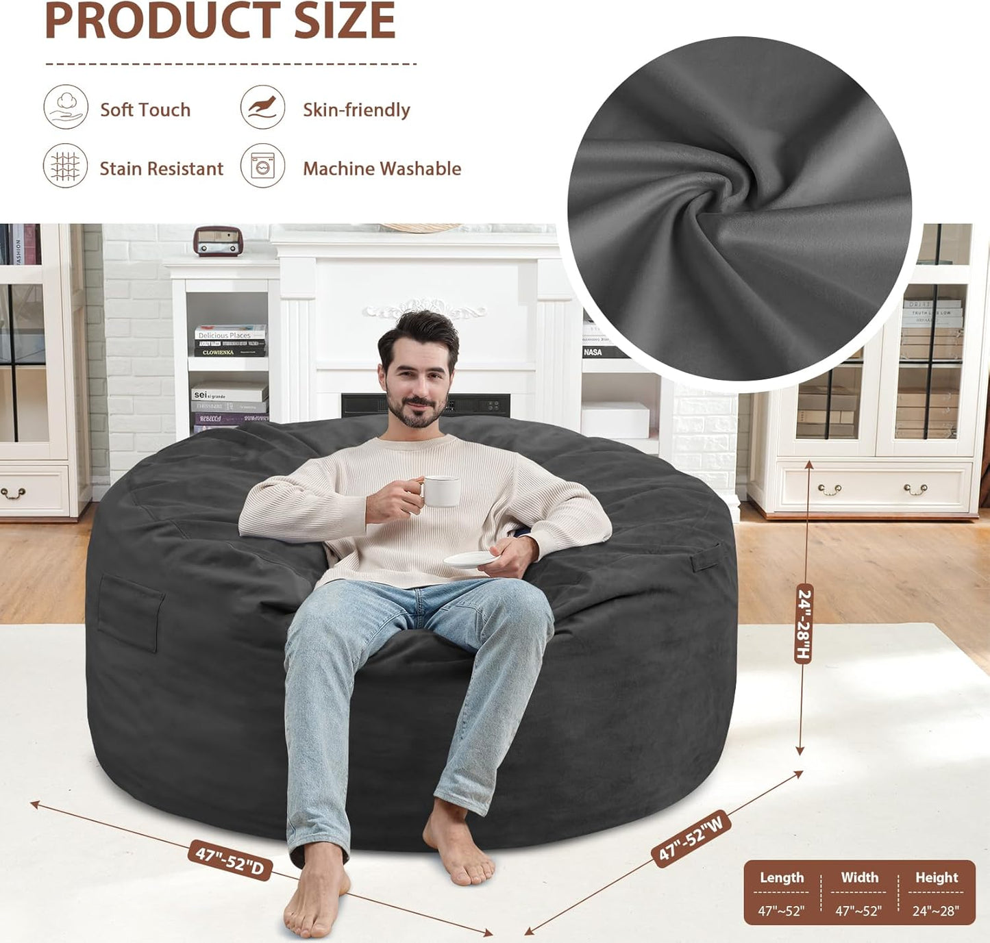 5FT Bean Bag Chair, Large Bean Bag Chairs with Memory Foam Filled, Fluffy Beanbag Sofa with Dutch Velvet Cover, Round BeanBag Chairs for Living Room, Playroom - Grey