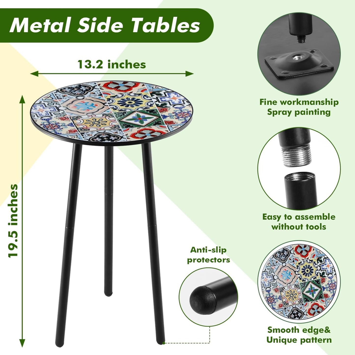 2 Packs Metal Mosaic Round Side Tables 13.4" Small Outdoor Patio Round Accent Coffee Tables Indoor Corner Stand for Small Spaces Weather-Resistant for Balcony, Porch Plant Stands Indoor, Mixed Mosaic