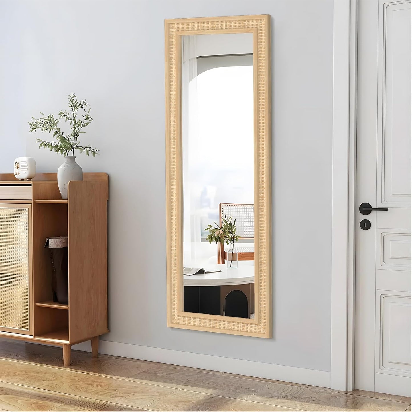 Rattan Wall Mirror with Wooden Framed 18 X 48 inch Farmhouse Rectangle Wood Mirror for Modern Decorative Bathroom, Living Room, Entryway, Bedroom