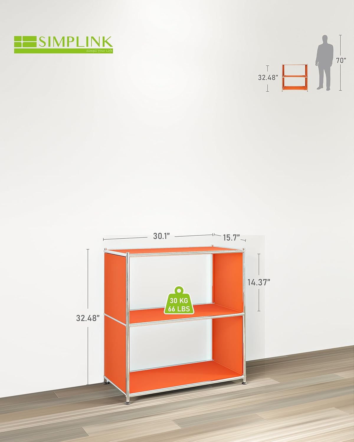 32-Inch 2-Tier Metal Bookcase, Open Shelf Storage Organizer for Living Room, Bedroom, Side Table or Nightstand Use, Modern DIY Assembly, Orange