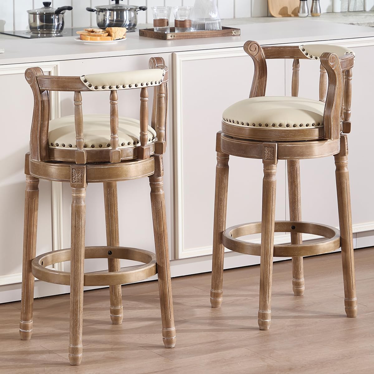 Cow top Leather Wooden Bar Stools, 360 Degree Swivel Bar Height Chair with Backs for Home Kitchen Counter, Morden Chair Barstools (Retro-Beige, Bar Height-Seat Height 29.5”)