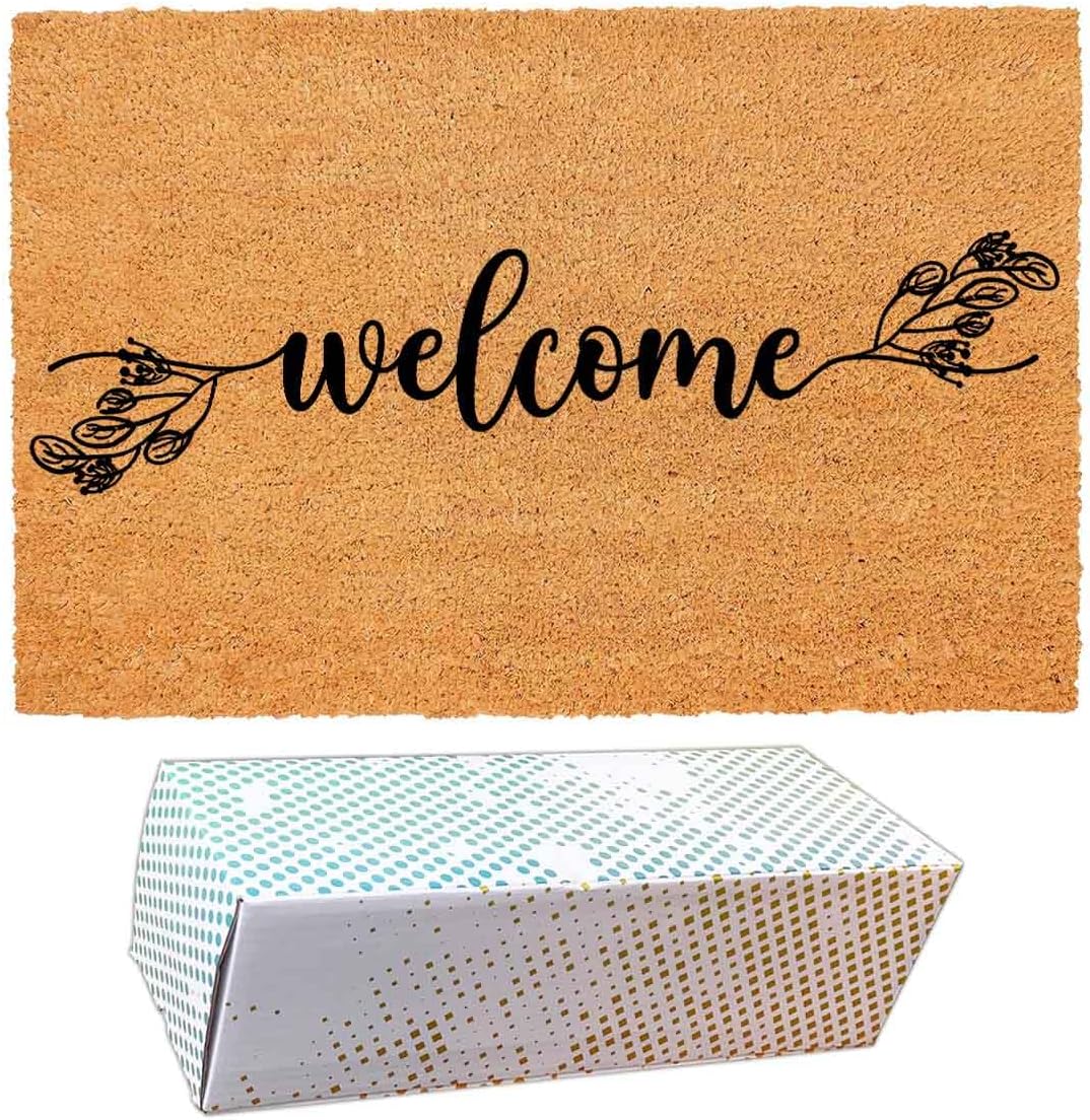 Funny Coir Doormat with Welcome Floral Design Botanical Theme - Front Door Mat, Entryway Welcome Mat, 23.7 x 15.7 inch