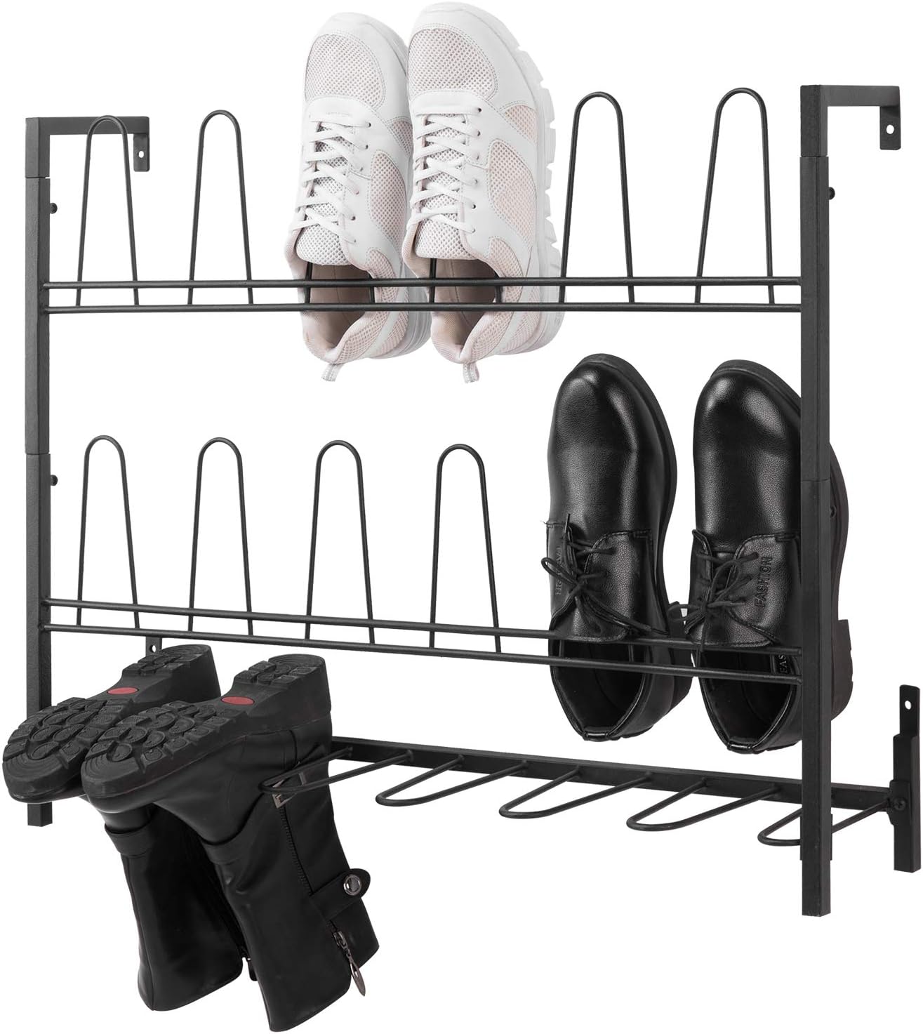 MyGift Premium Black Metal Hanging Wall Shoe Rack for Walk in Closet, Mudroom and Entryway, Wall Mounted Space Saving Boot and Shoe Rack Organizer, Holds 9 Pairs