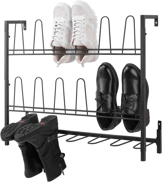 MyGift Premium Black Metal Hanging Wall Shoe Rack for Walk in Closet, Mudroom and Entryway, Wall Mounted Space Saving Boot and Shoe Rack Organizer, Holds 9 Pairs