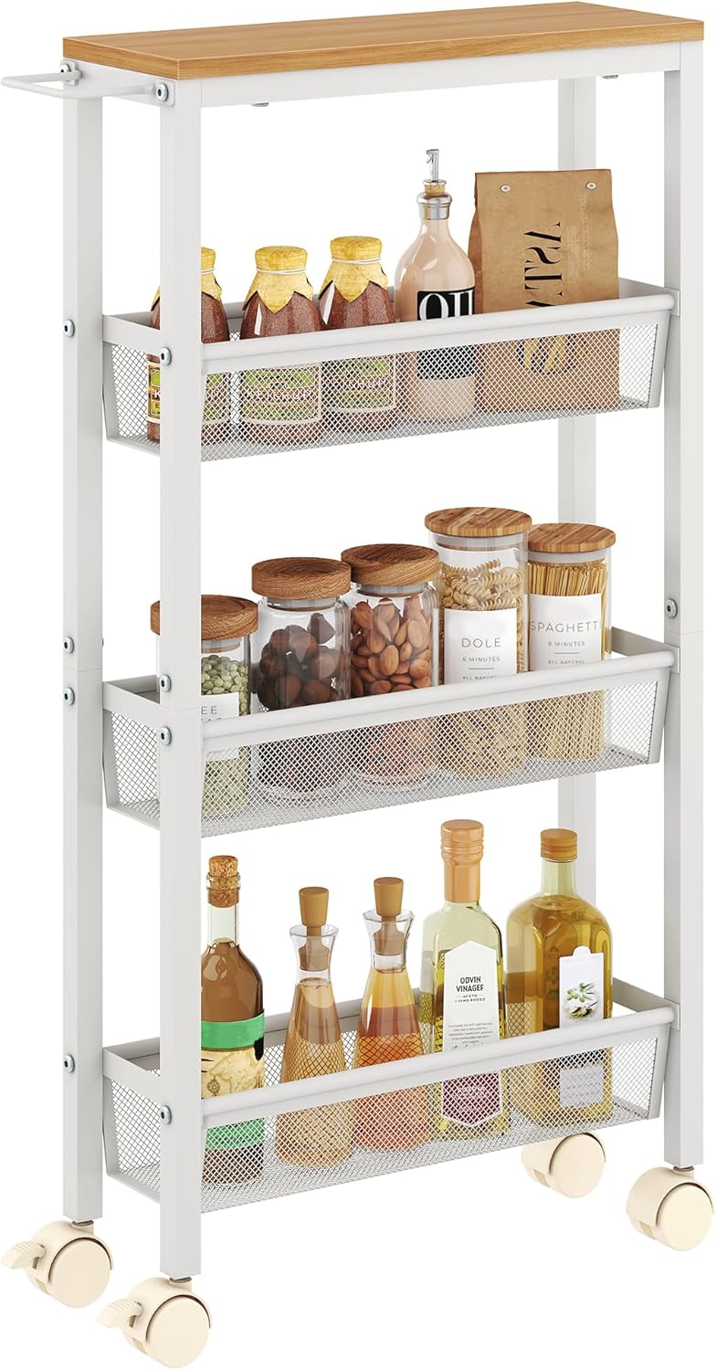 Hoctieon Slim Rolling Storage Cart, 4-Tier Narrow Kitchen Storage Cart with Handle & Wheels, Mobile Shelving Unit, Wooden Top & Metal Frame, Utility Cart for Kitchen, Small Spaces, Oak Beige