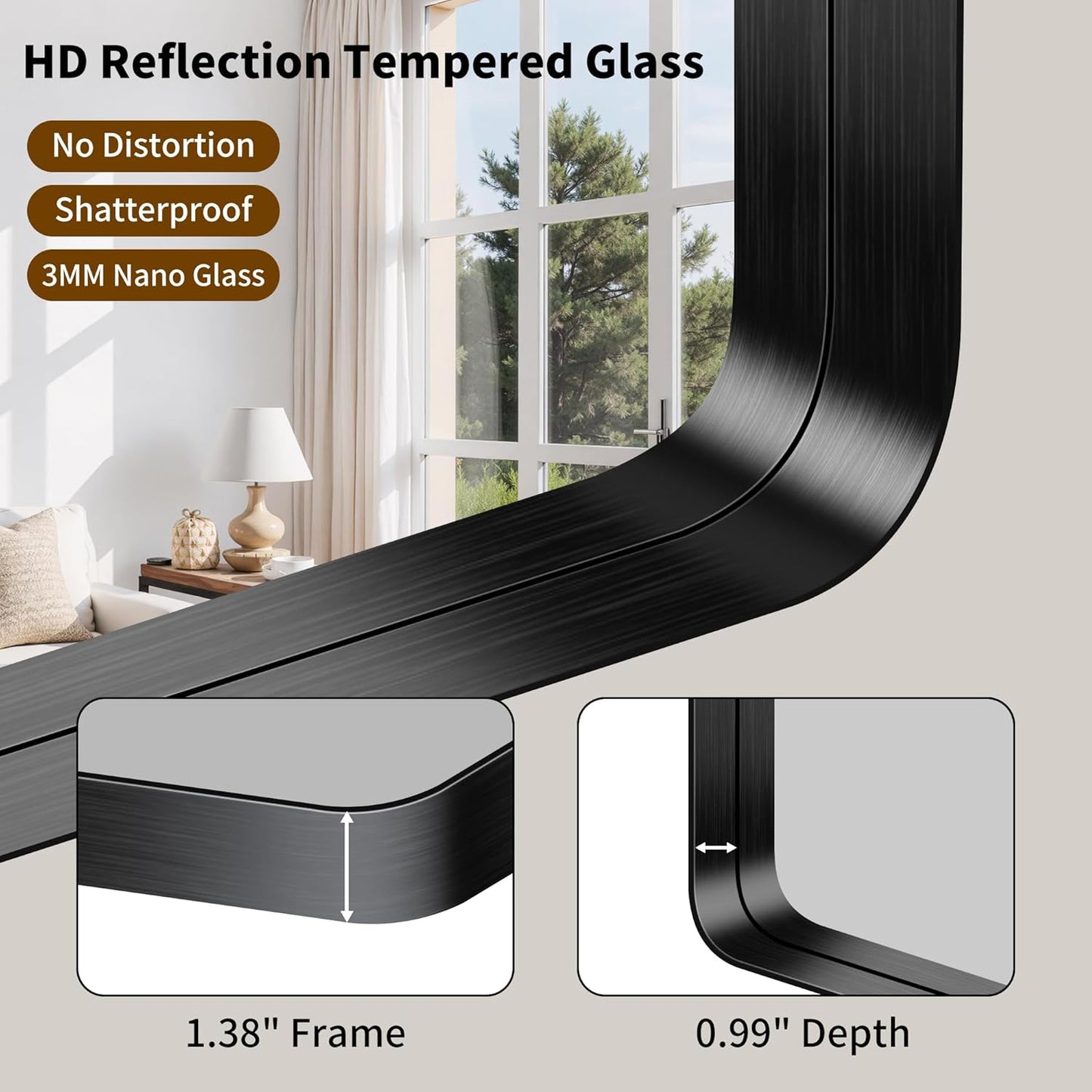 FORBATH 36x40 Inch Bathroom Mirror, Brushed Black Deep Frame Wall Mirror with Rounded Corners, Anti-Rust Tempered Glass for Modern Farmhouse Vanity (Horizontal/Vertical)