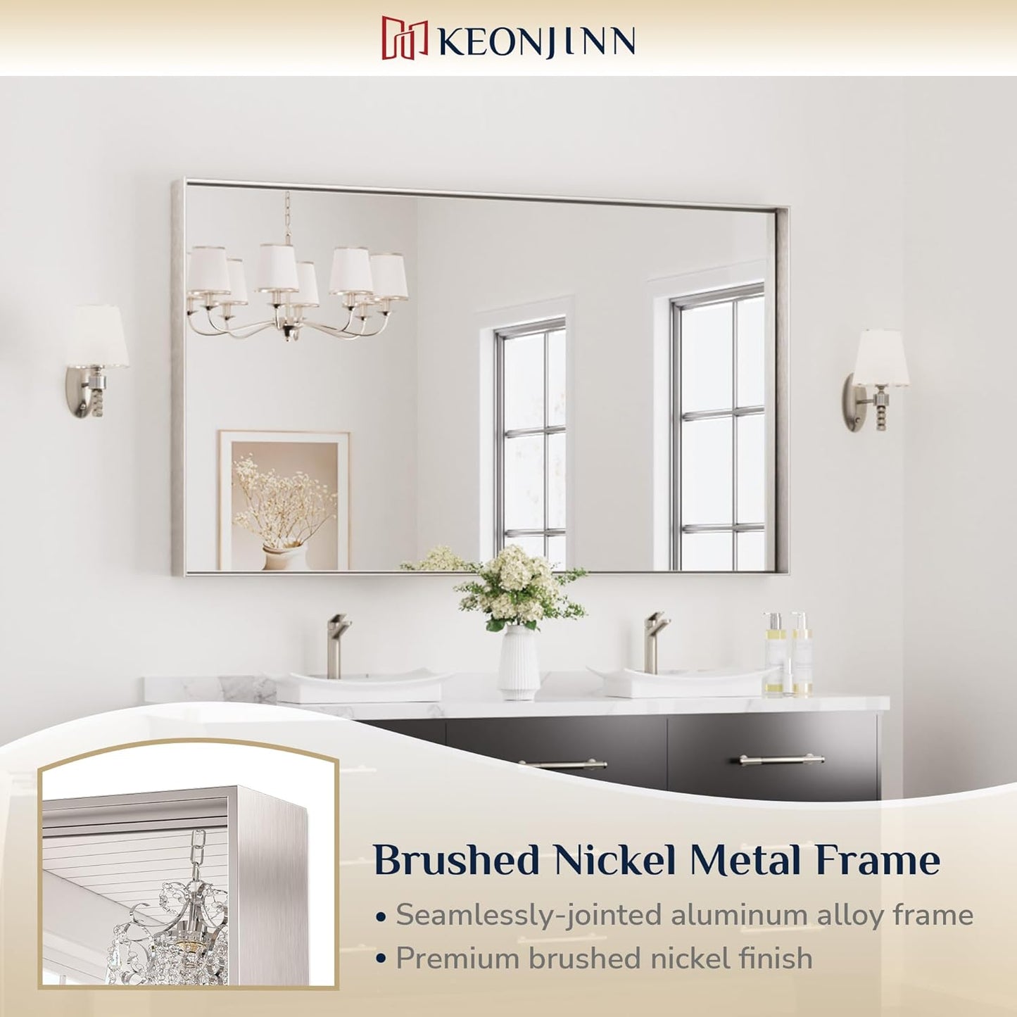 Keonjinn 60 x 36 in Brushed Nickel Bathroom Mirror, Rectangular Metal Framed Wall Vanity Mirror for Over Sink Square Corner Aluminum Alloy Modern Decorative Rectangle Mirror(Horizontal/Vertical)