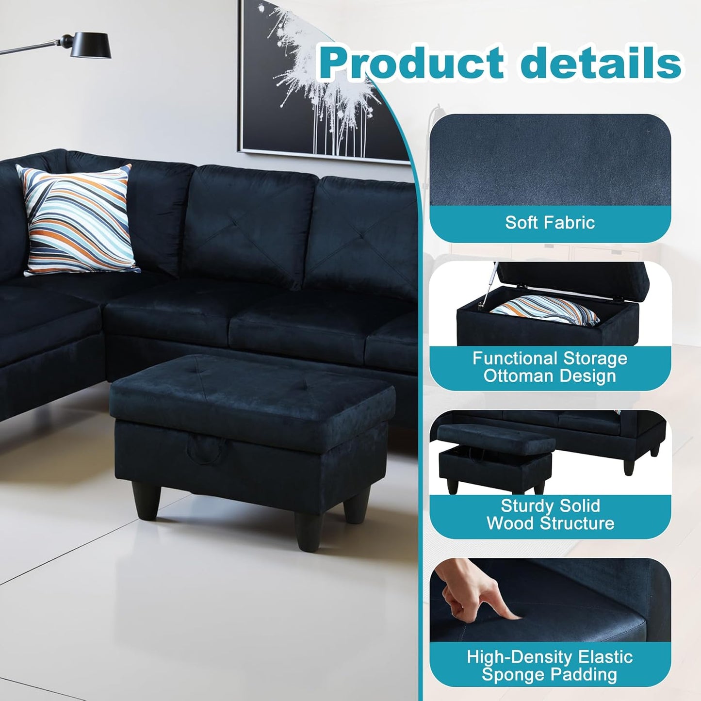 L Shaped Couch Modern Sectional Couch Upholstered Microfiber Fabric 3 Pieces Sofas for Living Room with Chaise, Storage Ottoman for Office and Small Apartment, Midnight Blue