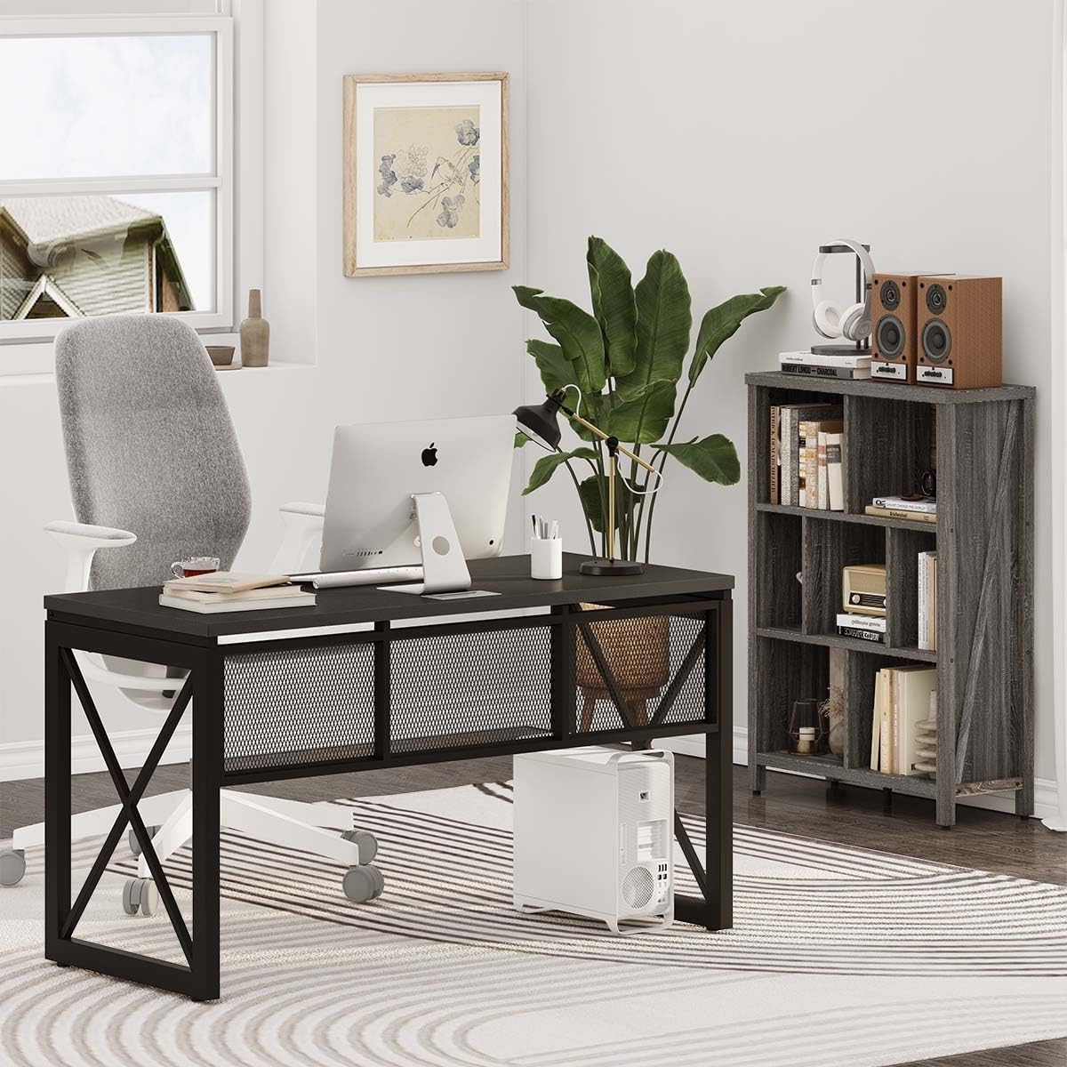 BON AUGURE Black Desk, Wood Computer Desk, Industrial Office Desks, Sturdy Writing Desks for Bedroom, Home Office, Living Room Study Workstation (Black, 54 Inch)