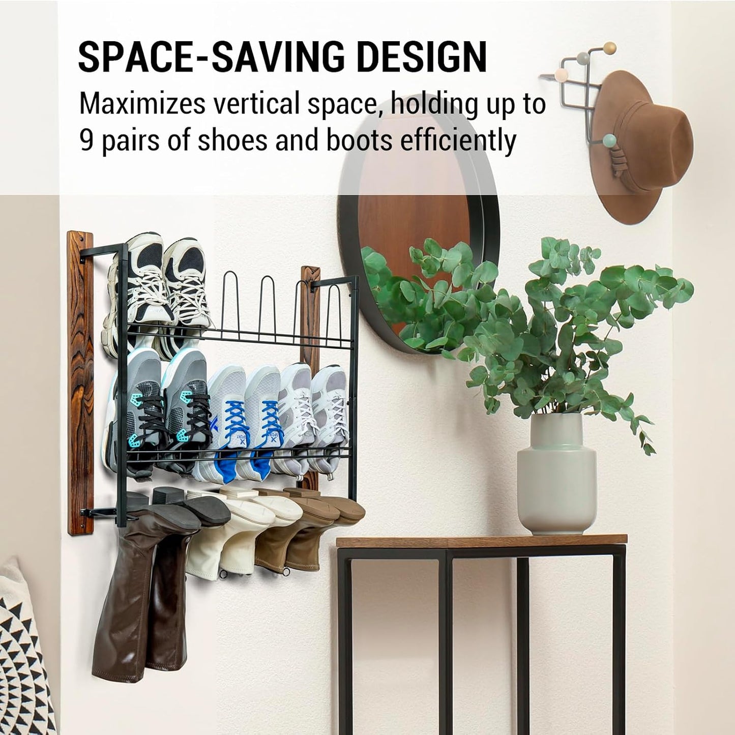 MyGift Premium Black Metal Hanging Wall Shoe Rack for Walk in Closet, Mudroom and Entryway, Wall Mounted Space Saving Boot and Shoe Rack Organizer, Holds 9 Pairs (Solid Wood, 9 Pairs)