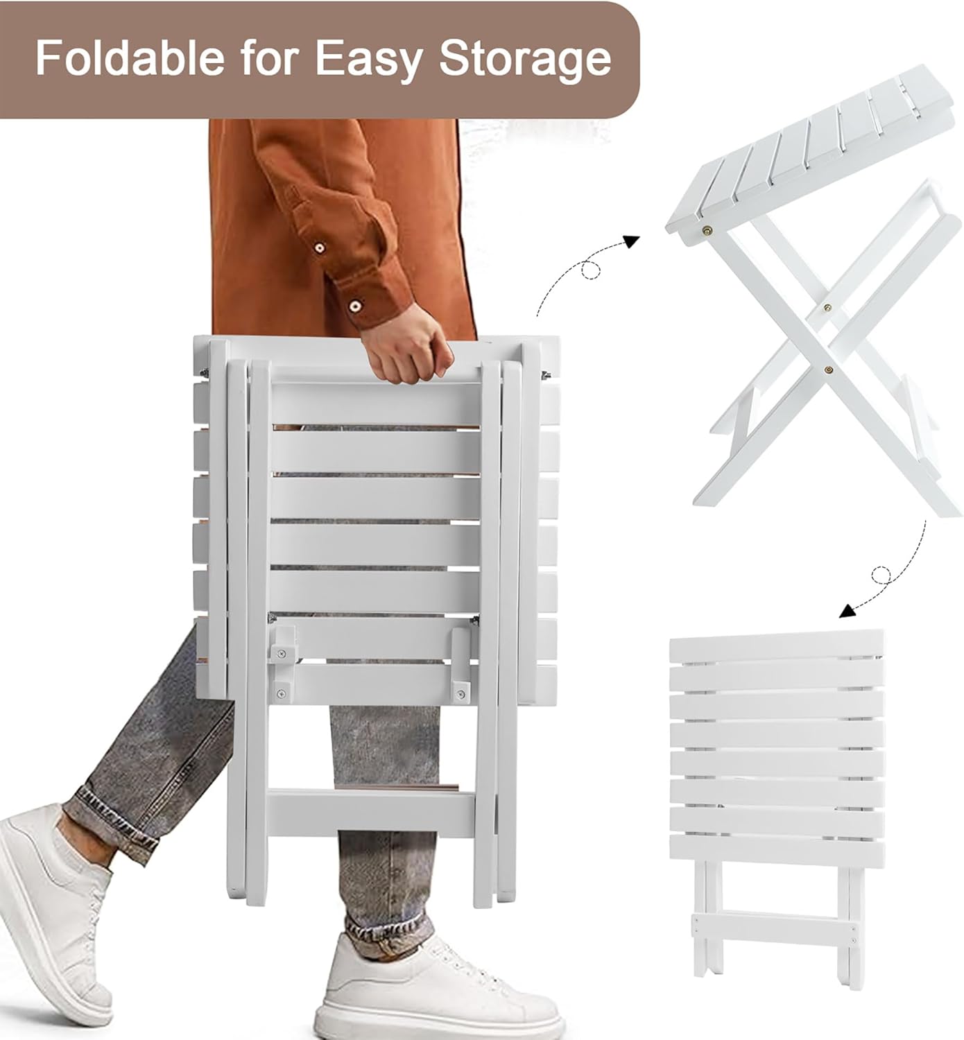 Outdoor Patio Side Table Set of 2 Small Wood End Square Table Folding Coffee Furniture for Living Room, Bedroom, Plant Stand, Camping Portable White