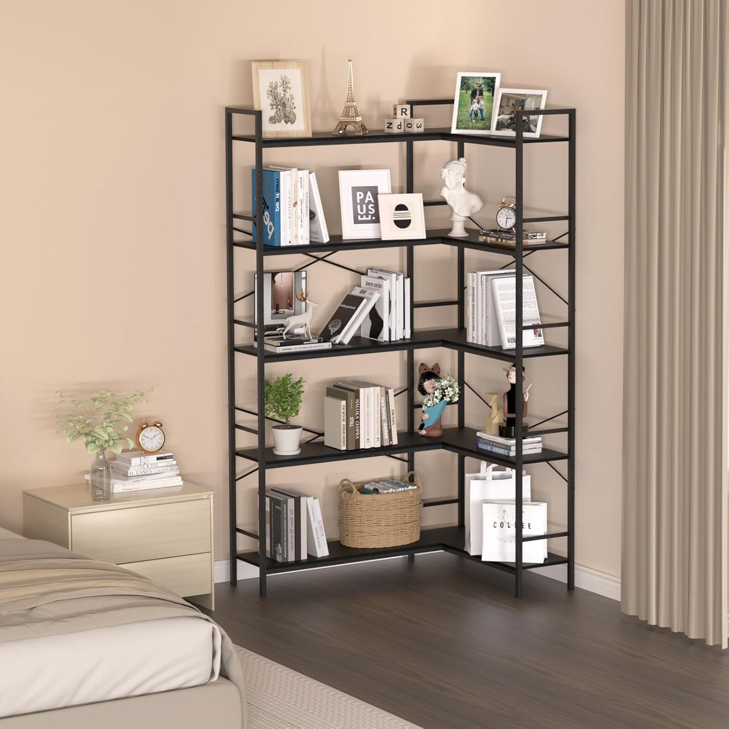 Black Corner Bookshelf,5 Tiers Corner Bookcase with Open Storage,L Shaped Shelves for Home Office,Living Room,Bedroom