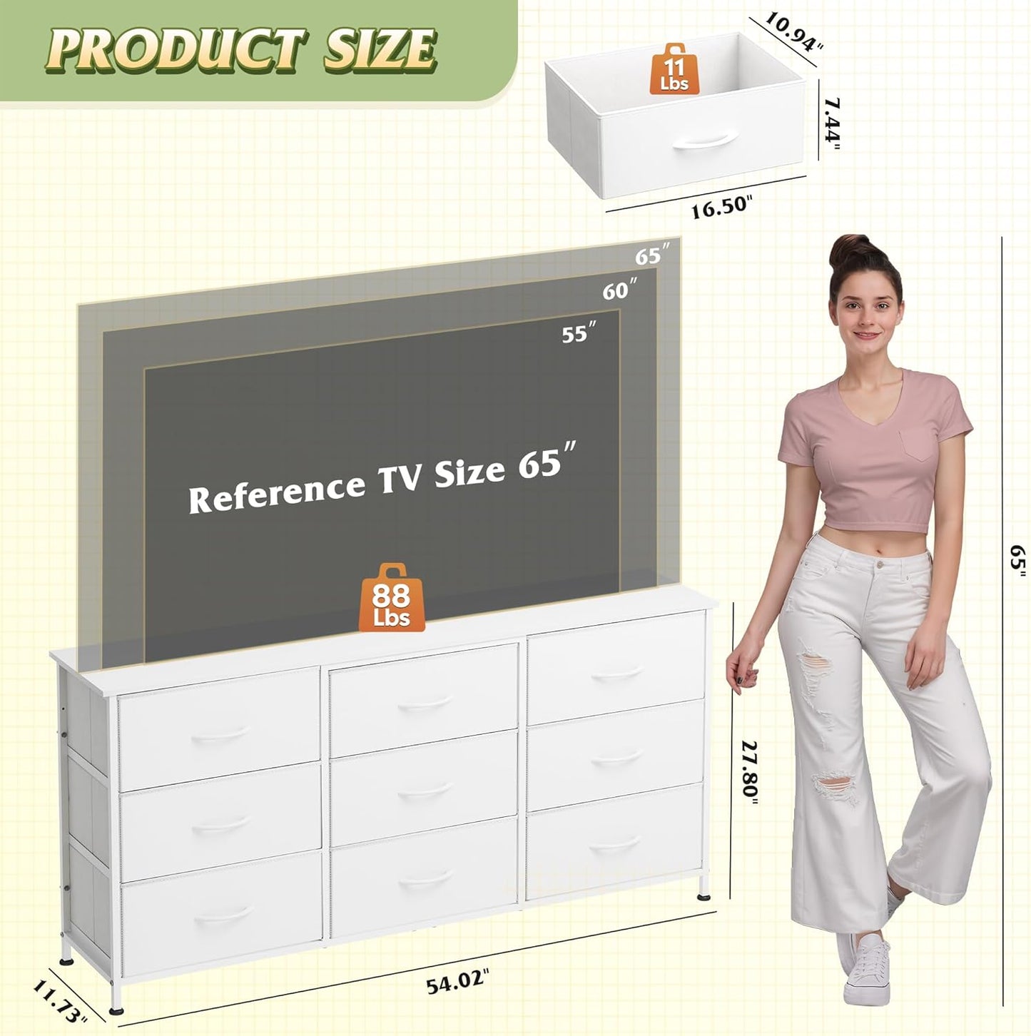 WLIVE 54''W Dresser for Bedroom, White Dresser TV Stand for 55, 60, 65 inch TV, Wide Chest of Drawers with 9 Drawer, Large Entertainment Center, Fabric Dressers with Wood Top for Closet, Living Room