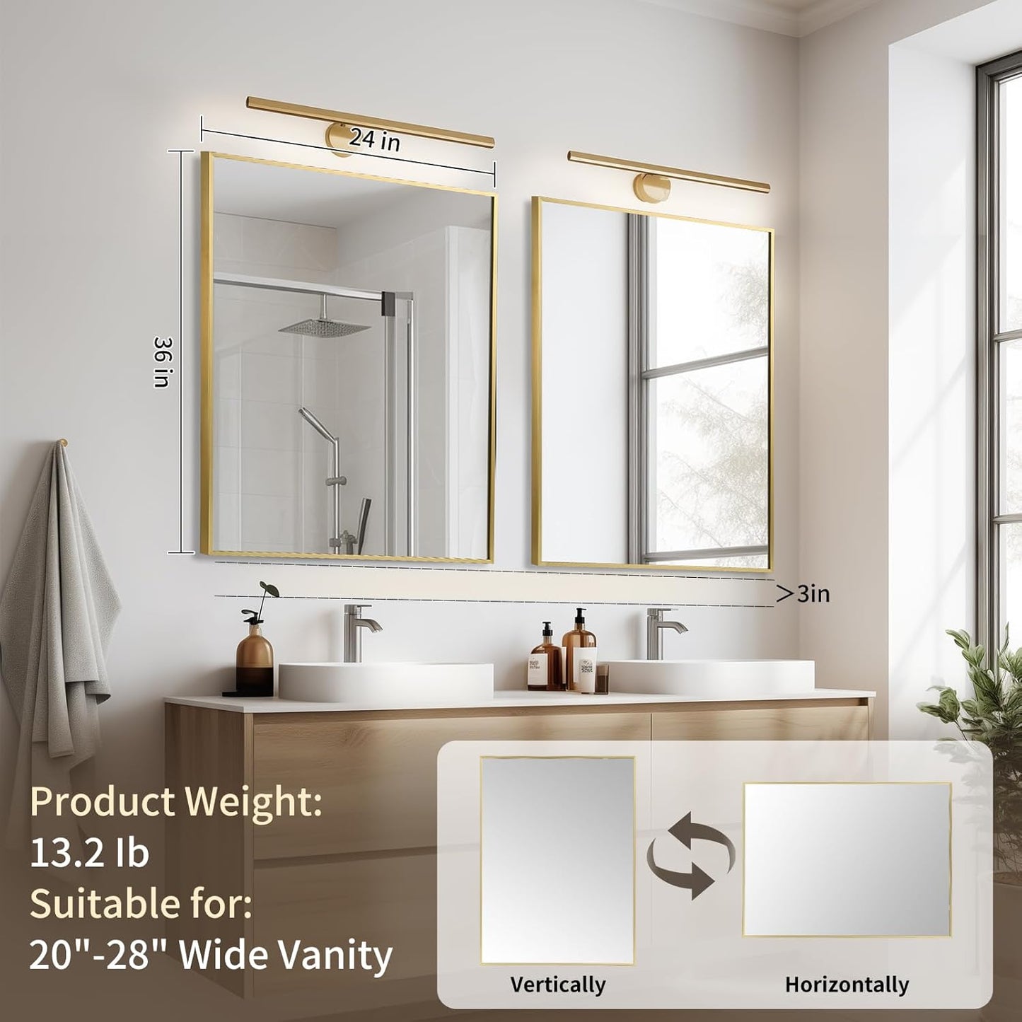 Brushed Gold Mirror, 24x36 Inch Aluminum Framed Rectangle Mirror, Anti-Rust, Tempered Glass, Square Corner Wall Mirror for Over Sink, Vanity, Bedroom, Entryway, Horizontal/Vertical