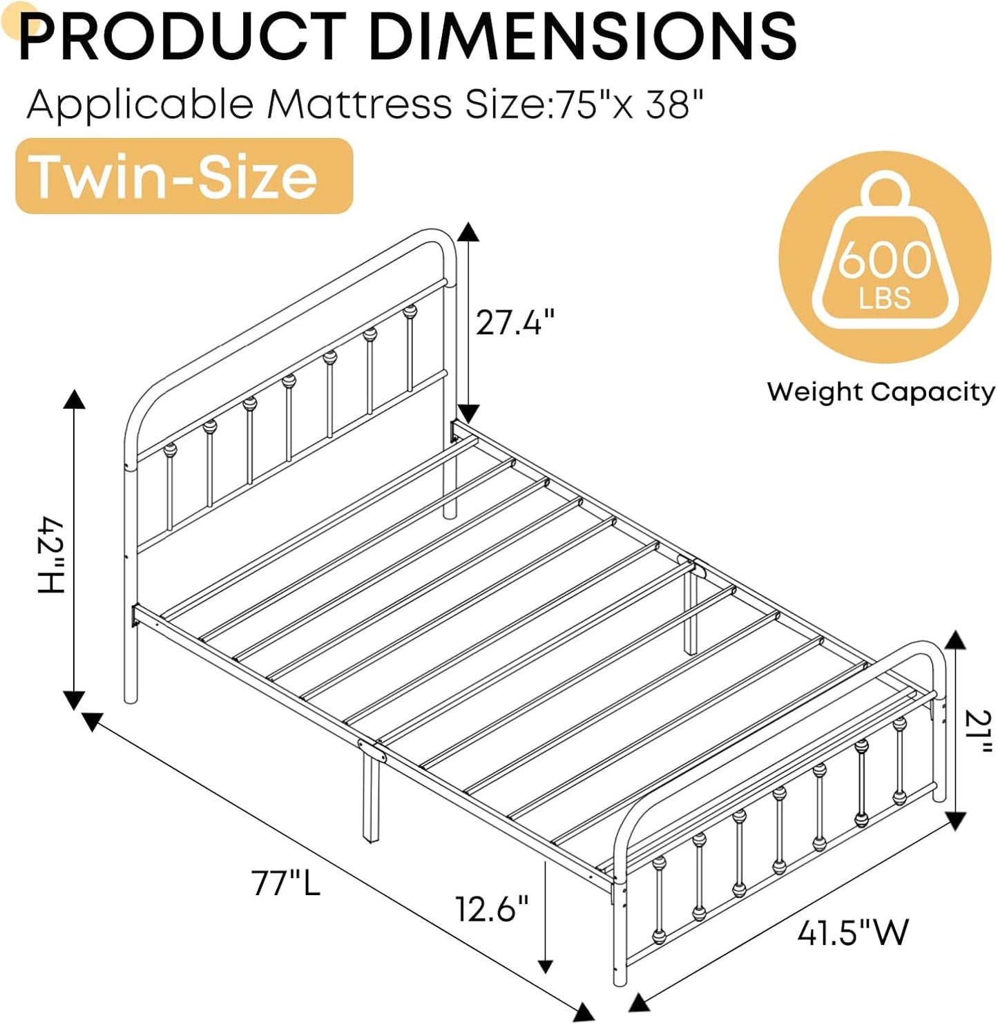 Twin Bed Frame-Classic Metal Platform Bed Frame Mattress Foundation with Victorian Style Iron-Art Headboard/Footboard/Storage Space/No Box Spring Needed/Black
