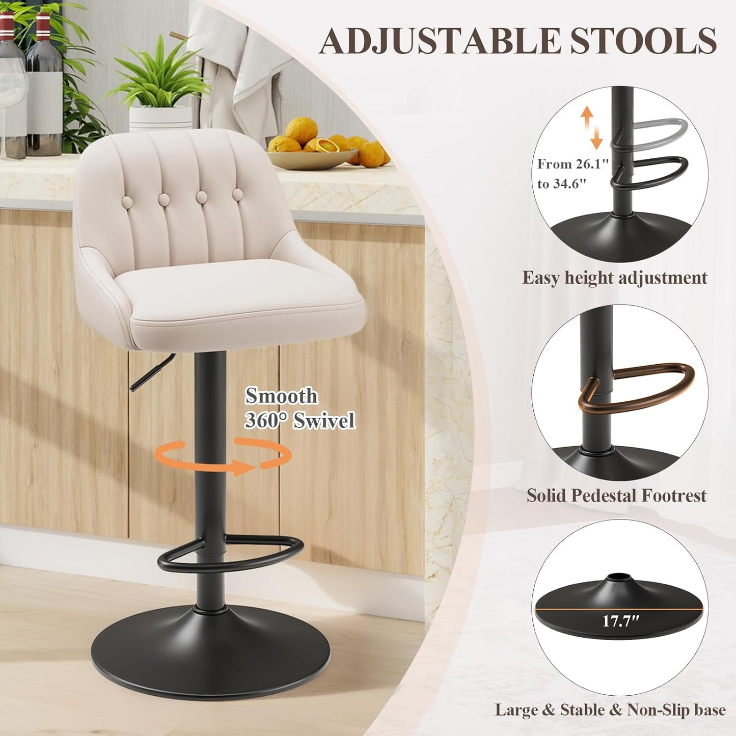 Bar Stools Set of 2, Swivel Bar Chairs, Modern Adjustable PU Leather Upholstered Barstools Counter Height with Tufted Back for Bar, Kitchen Counter Island, Dining Room, Beige