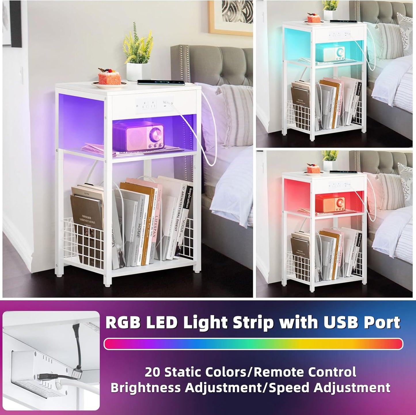 LELELINKY White Night Stand with Charging Station and LED Lights, Record Player Stand with USB Port and Type-C Port, 3 Tier Side Table with Vinyl Storage Shelf, End Tables for Bedroom Small Spaces