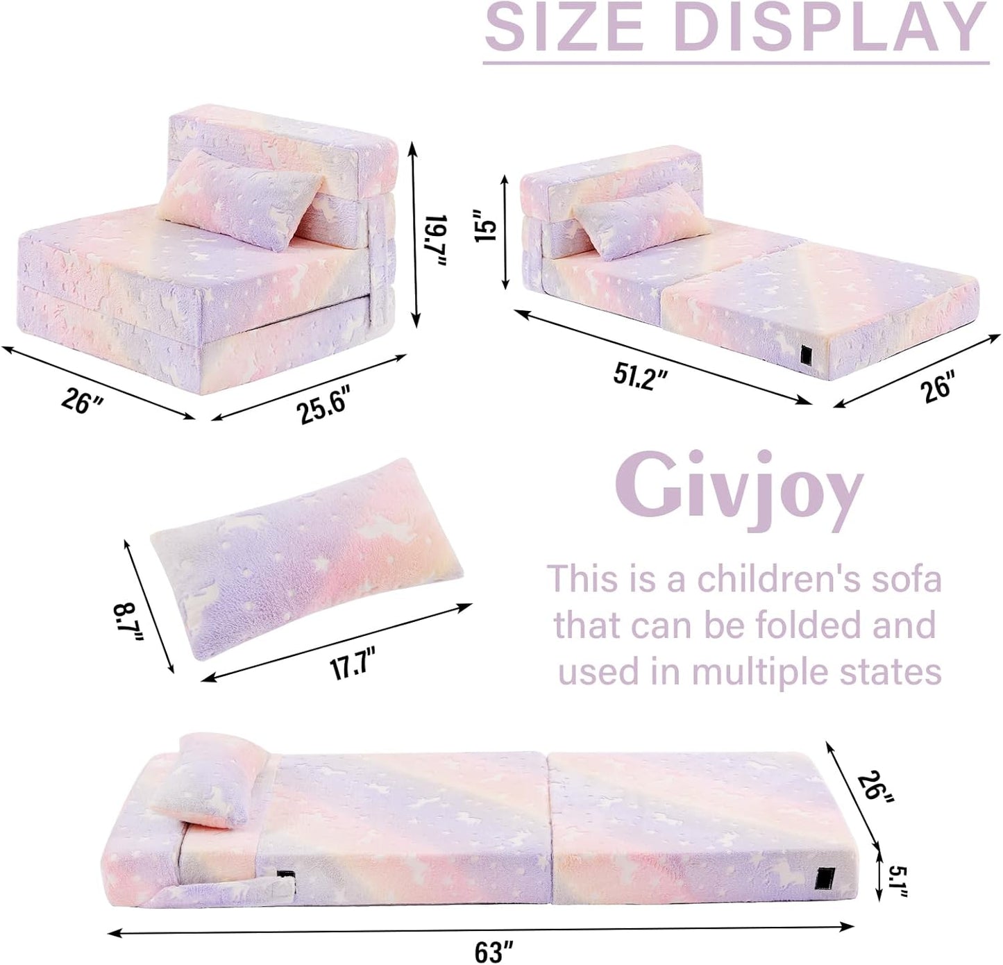 Folding Sofa Bed Floor Mattress for Kids with Pillow, Toddler Washable Folding Floor Nap Mat Futon, Child Fold Up Sofa Chair Bed with Storage Bag for Girls and Boys
