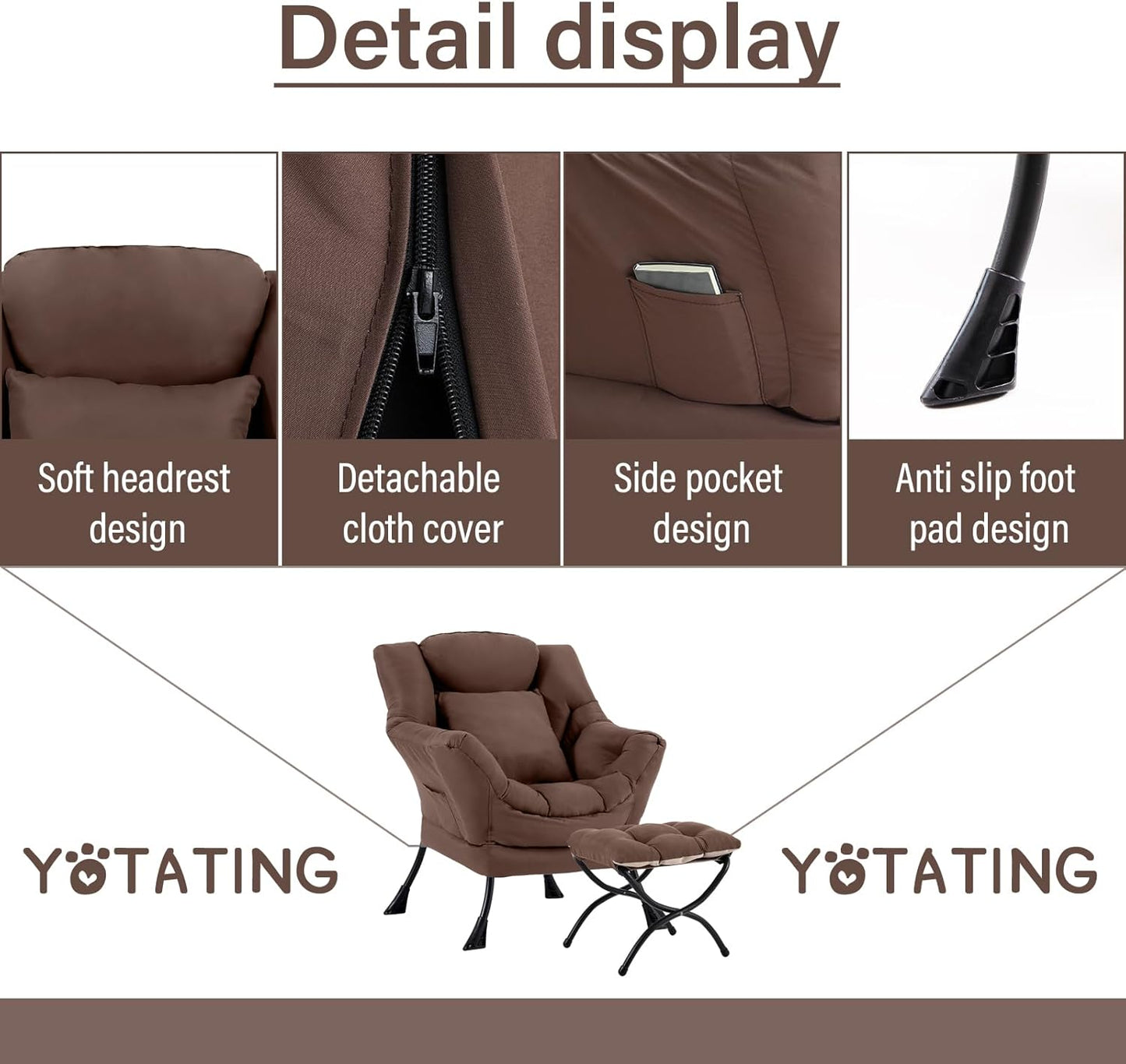 Lazy Chair with Ottoman, Comfy Reading Chair with Footstool & Pillow Modern Lounge Chair with Armrests & Side Pocket for Living Room, Bedroom, Dorm Room，Dark Brown