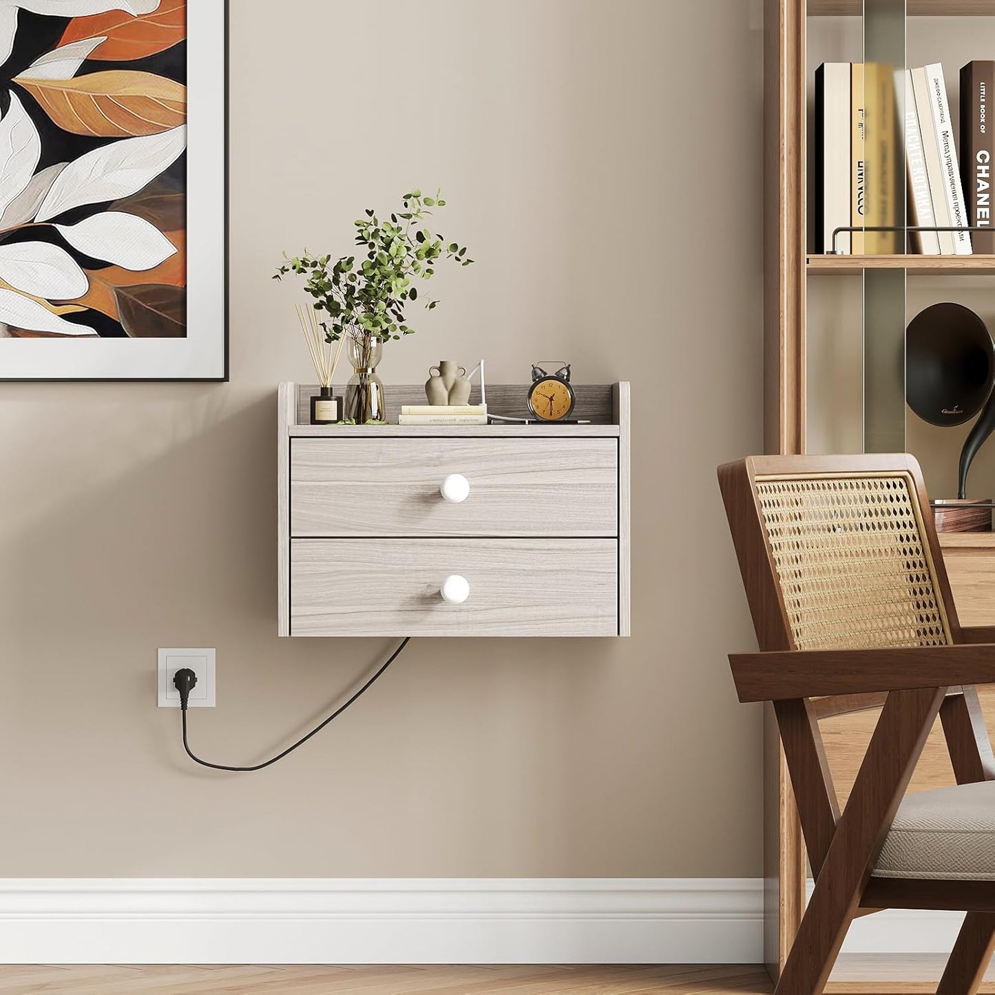 Floating Nightstand Set of 2 with 2 Storage Drawers and Charging Station Wood Wall Mounted Bedside End Table Modern Night Stands Set 2 for Bedroom,Small Space,Grey