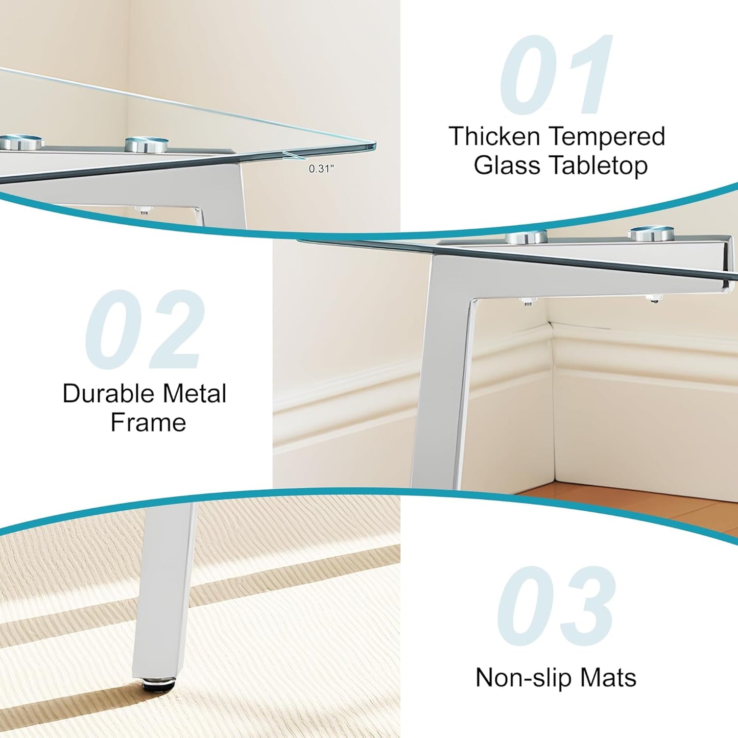 Dining Table for 6 Kitchen Table 51" Rectangular Modern Glass Dining Table Kitchen & Dining Room Tables with Glass Tabletop and Metal Legs for Dining Room and Kitchen, Silver