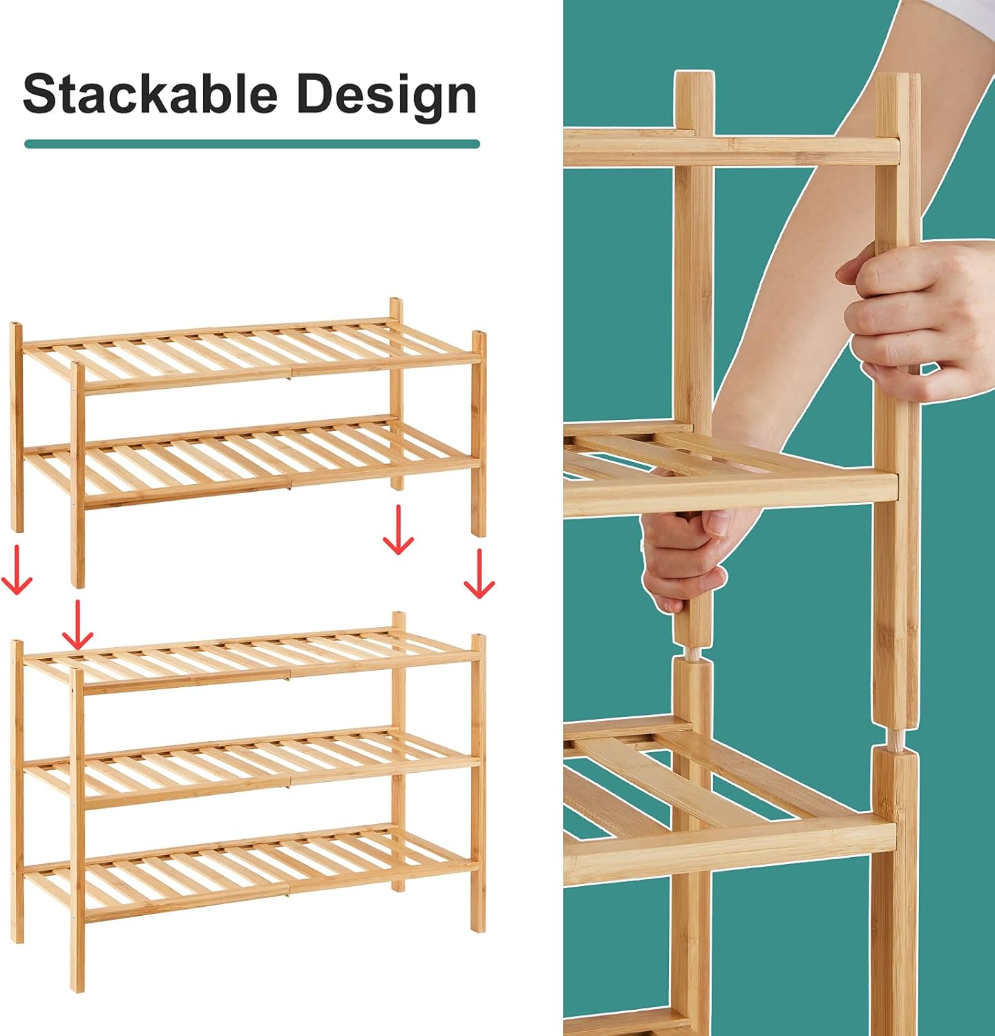 5-Tier Bamboo Shoe Rack for Entryway, Stackable | Foldable | Natural, Shoe Organizer for Hallway Closet, Standing Shoe Racks for Indoor Outdoor