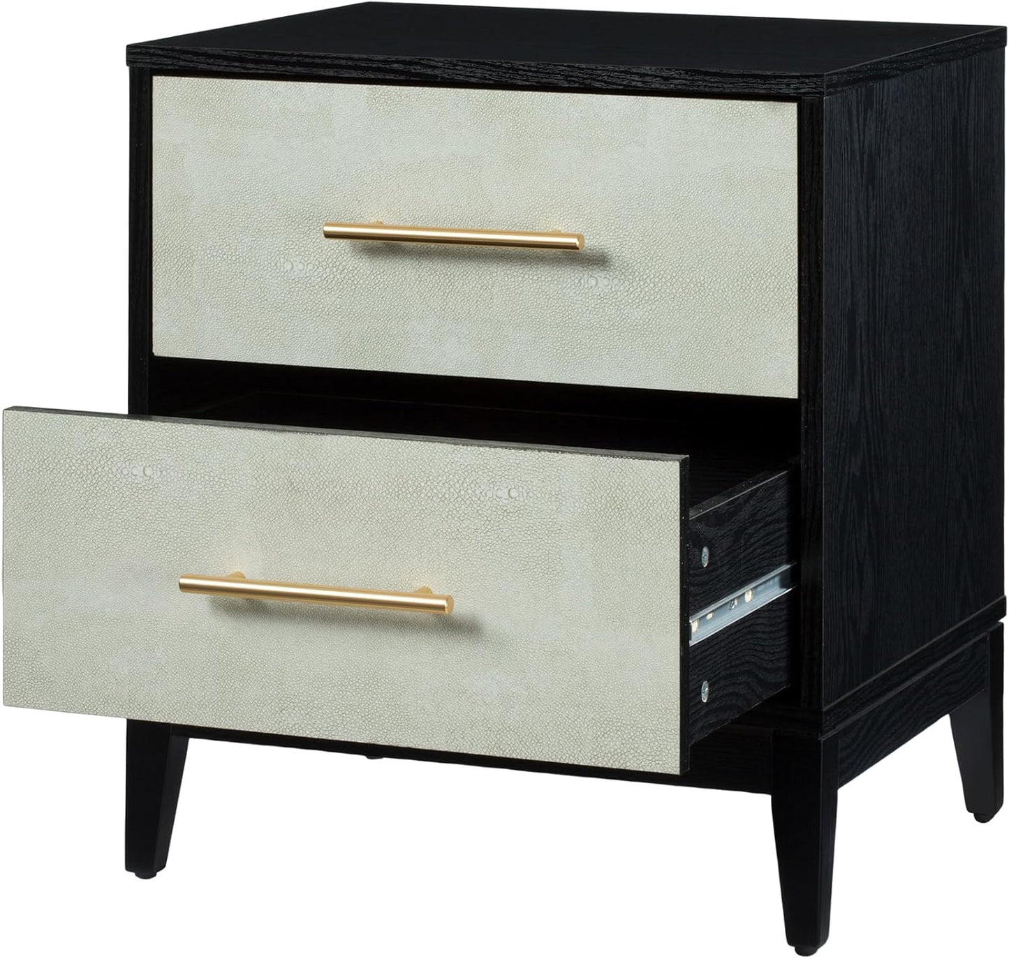 Sango Shagreen 2-Drawer Nightstand, Modern Black Bedside Table with Gray Faux Shagreen Drawer Fronts, Brass Handles, Sturdy Legs, Elegant Storage for Contemporary & Luxury Homes