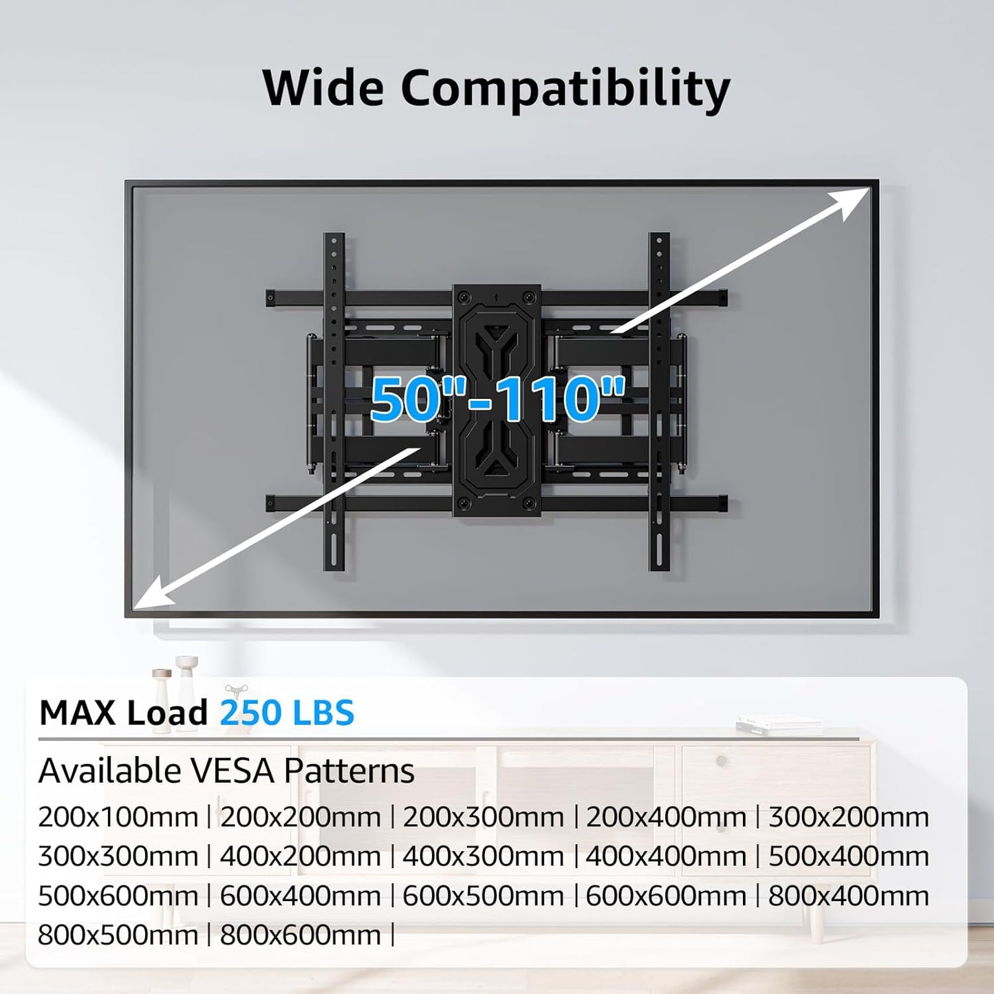 MOUNTUP Heavy Duty Full Motion TV Wall Mount for 50-110 inch Large TVs, Holds 250 lbs, 1.65" Slim TV Bracket with Extension, Swivel & Tilt, Preassembled, Max VESA 800x600mm, Fits 12-24" Studs, MU0096