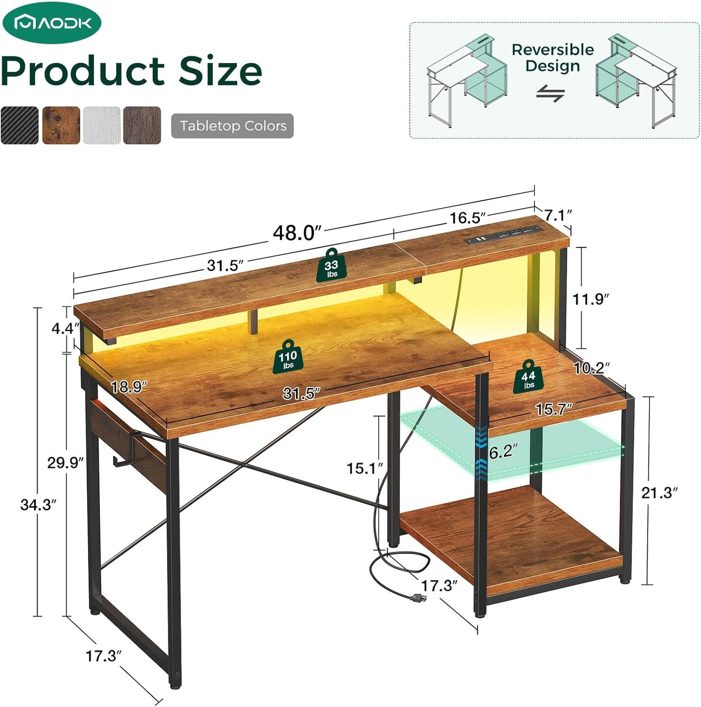 AODK Computer Desk, 48 Inch Gaming Desk with Led Lights & Power Outlet, Office Desk with Storage Shelves, Reversible Desk with Monitor Shelf & Headphone Hook, Rustic Brown