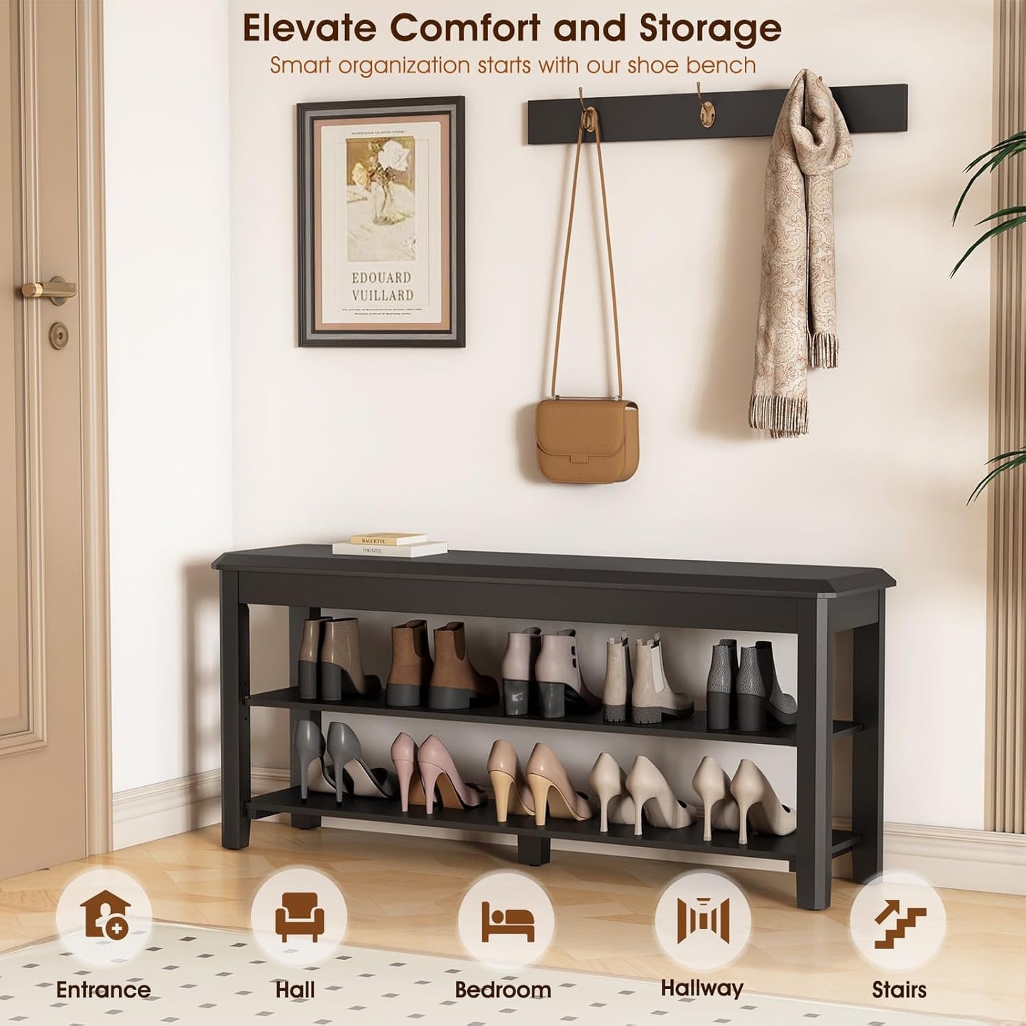 Shoe Rack Bench Seat Rubberwood 2-Tier Wooden Storage Bench 550lbs Compact Mid-Century Modern Design for Entryway, Hallway, Closet, Front Door Entrance, Foyer