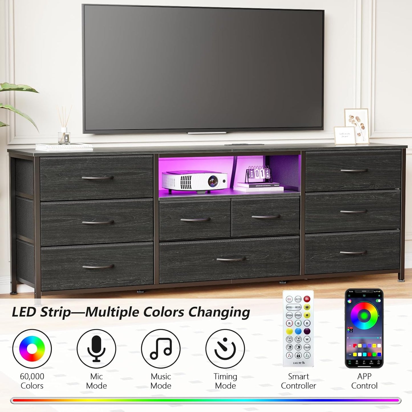 Furnulem 9 Drawer Dresser, 63” Long TV Stand for Bedroom, Entertainment Center with Power Outlet & LED Light for 65"-75" TV, Black Dresser with Fabric Storage Drawers for Closet