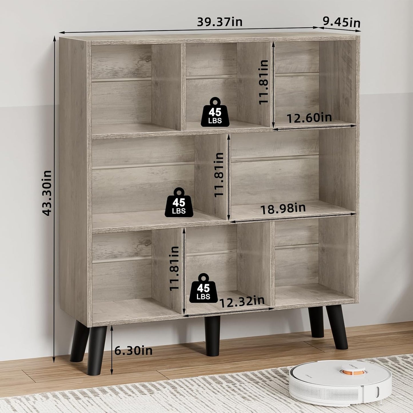 LEYAOYAO 8 Cube Bookshelf, 3 Tier Modern Bookcase with Legs, Mid-Century Modern Wood Book Shelves Storage, Retro Grey Book Case, Freestanding Organizer Display Shelf for Bedroom,Living Room,Office