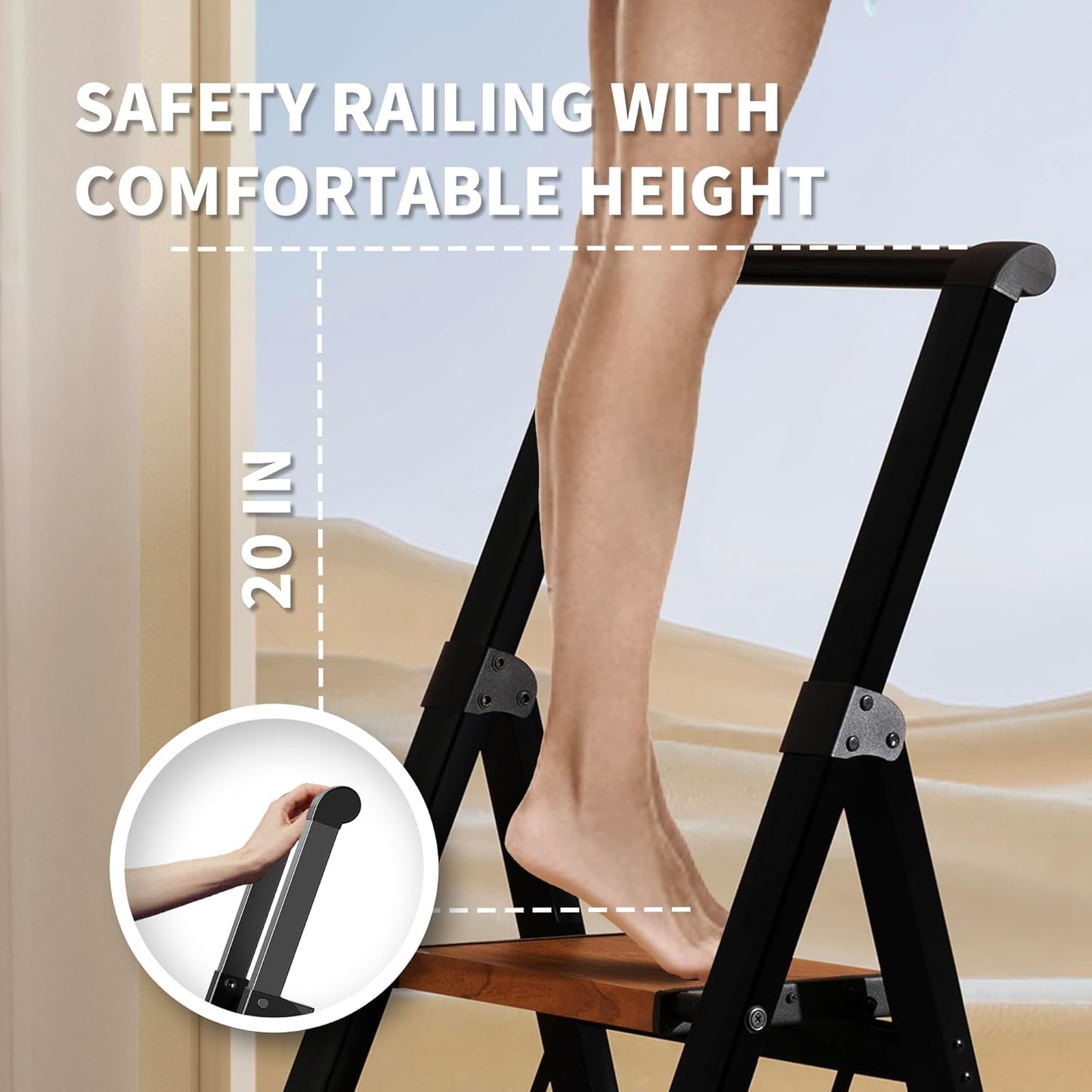 3 Step Ladder,Folding Step Stool with Aluminum Wide Pedal& Convenient Handgrip,330lbs Capacity Steel Ladder for Household and Office(Black)