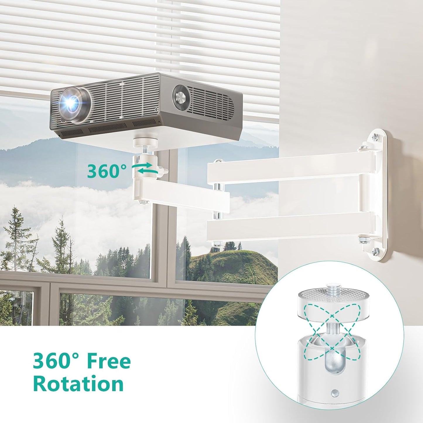 WALI Foldable Projector Wall Mount Universal Adjustable Wall Projector Mount Aluminum Alloy Projectors Stand,1/4" M4 M6 Screw Size,(1330LM-PMW), White