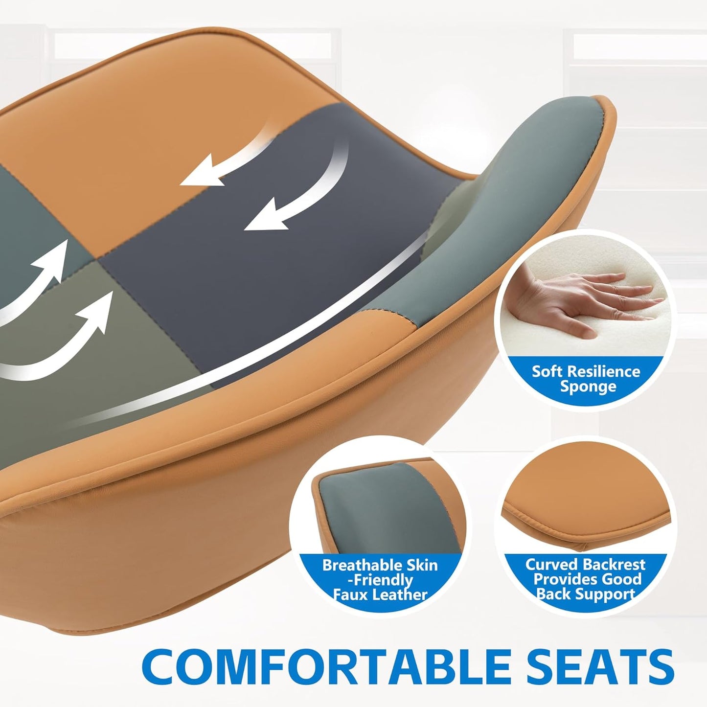 YOUNIKE Bar Stools Set of 2, Boho Colorful Patchwork Barstools, Adjustable Swivel Counter Height Bar Stool Faux Leather Upholstered Barstool with Back, Compact Bar Chair for Kitchen Island, TanGreen