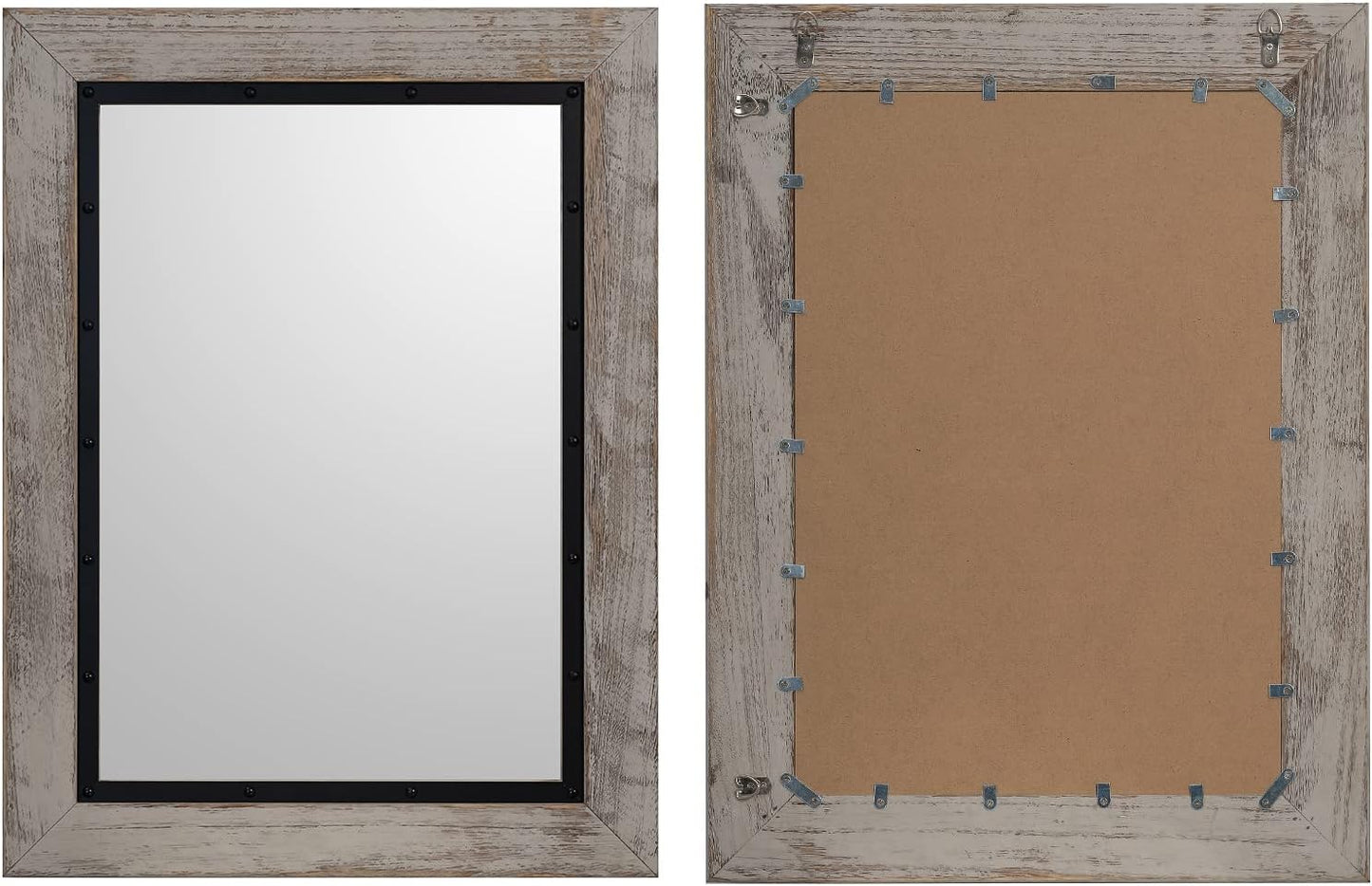 YOSHOOT Rustic Wooden Framed Wall Mirror, Natural Wood and Iron Bathroom Vanity Mirror for Farmhouse Decor, Vertical or Horizontal Hanging, 53" x 28", Grey