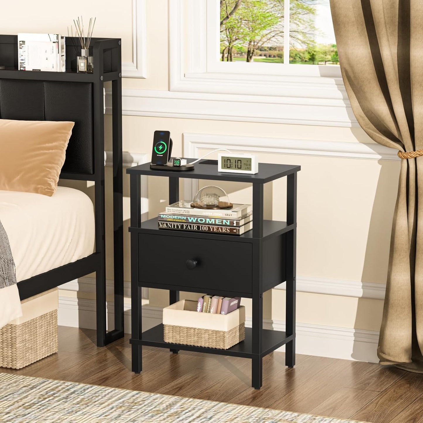 Lerliuo Nightstand Set of 2 with Charging Station and USB Ports, 3-Tier Storage End Table with Drawer Shelf, Night Stand for Small Spaces, Wood Bedside Table for Living Room, Bedroom - Classic Black