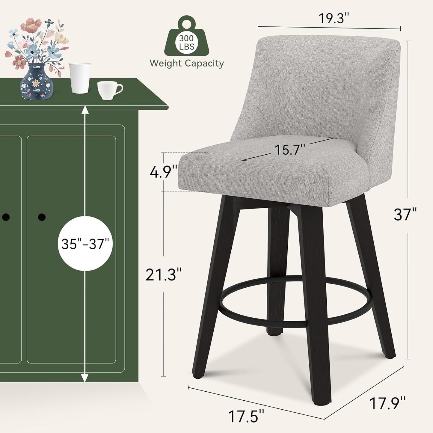 Vipbear Swivel Counter Height Bar Stools Set of 4,26.8" H Counter Stools with Back, Mid Century Modern Bar Stools for Kitchen Island,Linen Fabric,Wooden Base, Light Gray