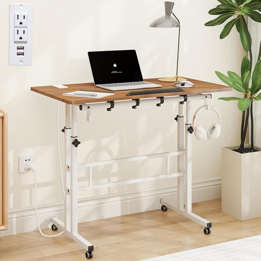 SIDUCAL Mobile Stand Up Desk with USB Ports and Outlets, Adjustable Laptop Desk on Wheels, Home Office Workstation, Rolling Laptop Cart for Standing or Sitting, 31.5" x 23.6" Vintage Oak