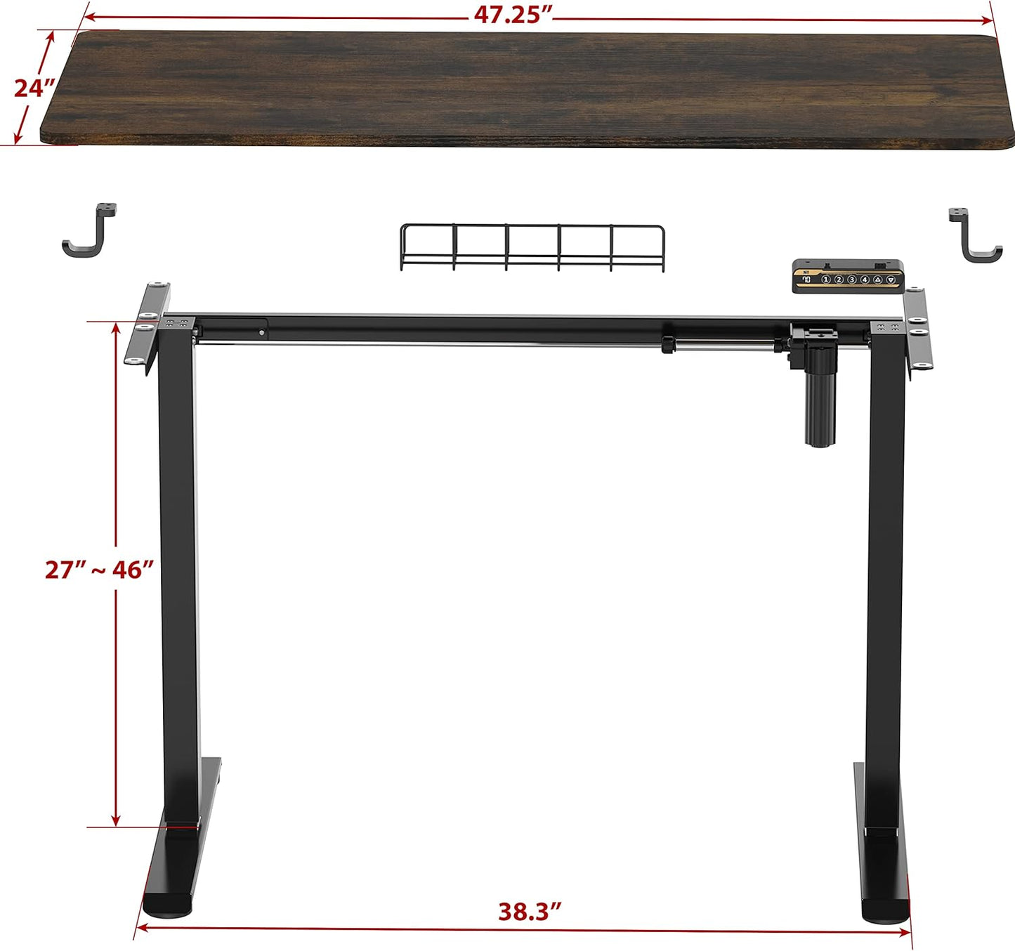 SHW 48-Inch Electric Height Adjustable Sit to Stand Desk with Hanging Hooks and Cable Management, Black Frame and Rustic Brown Top