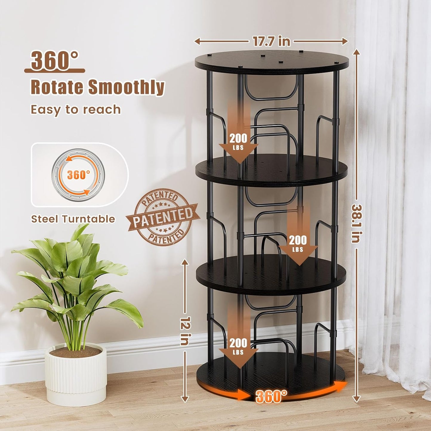 Rotating Bookshelf, 3 Tier Round Revolving Bookcase with Special Visible Partition Storage, 360° Display Spinning Small Bookshelf Tower Book Shelf Organizer for Bedroom, Small Space, Black