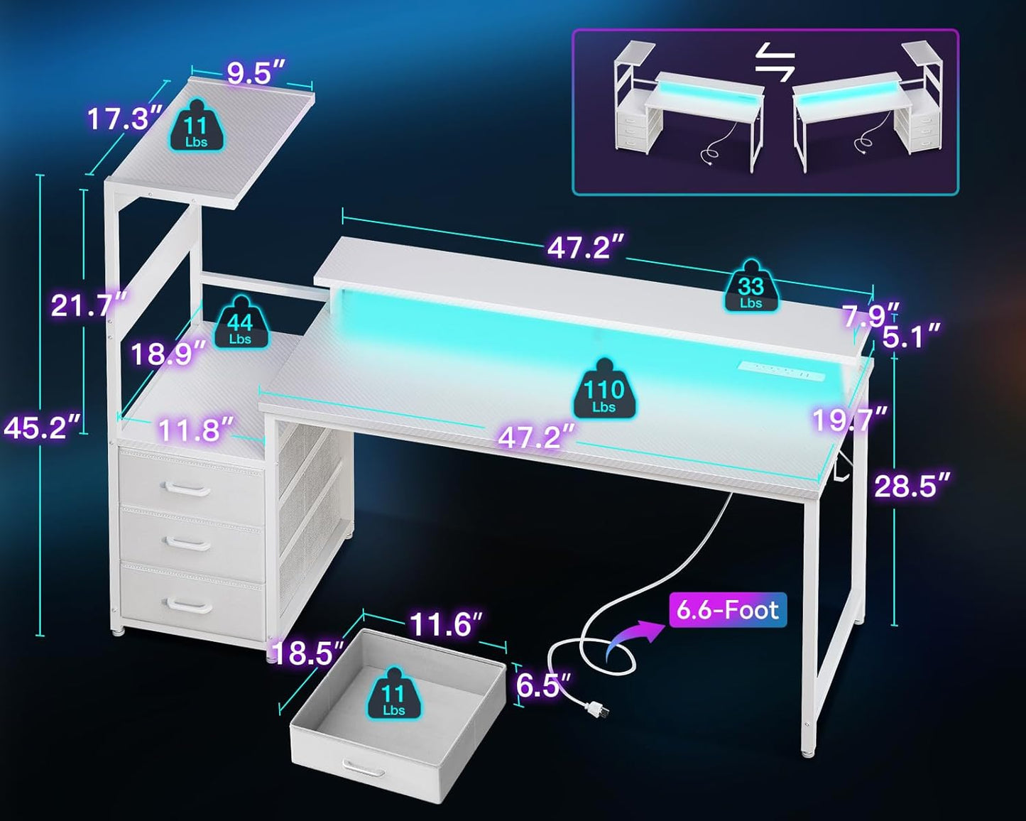 AODK 59 Inch Gaming Desk with USB Charging Ports & LED Light- Reversible Computer Desk with Storage Shelves & Monitor Stand, Modern Gamer Desk Table with Fabric Drawers & Side Hook, Carbon Fiber White